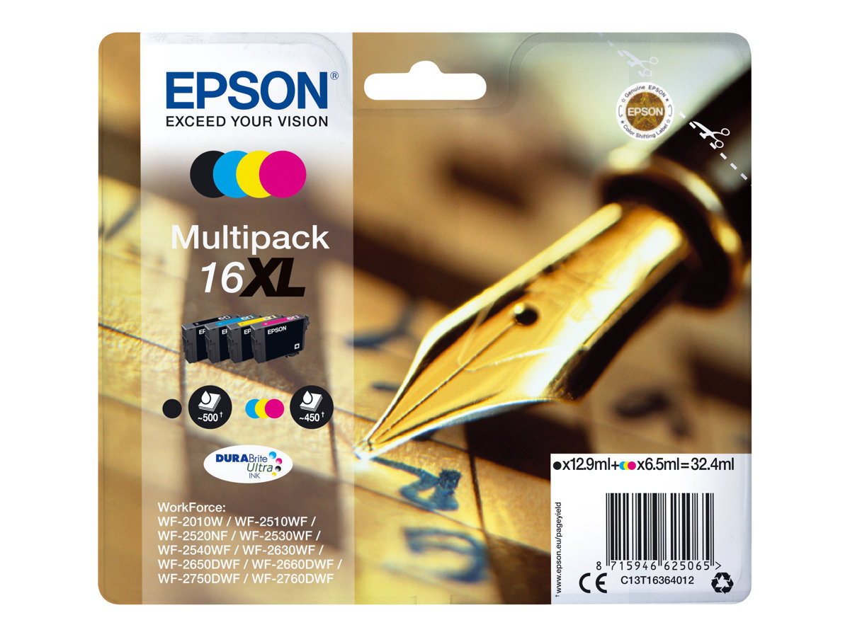 Epson 16XL Multipack - 4er-Pack - XL - SchwarzGelb - Cyan - Magenta - original - Blisterverpackung - Tintenpatrone - für WorkForce WF-2010 - 2510 - 2520 - 2530 - 2540 - 2630 - 2650 - 2660 - 2750 - 276