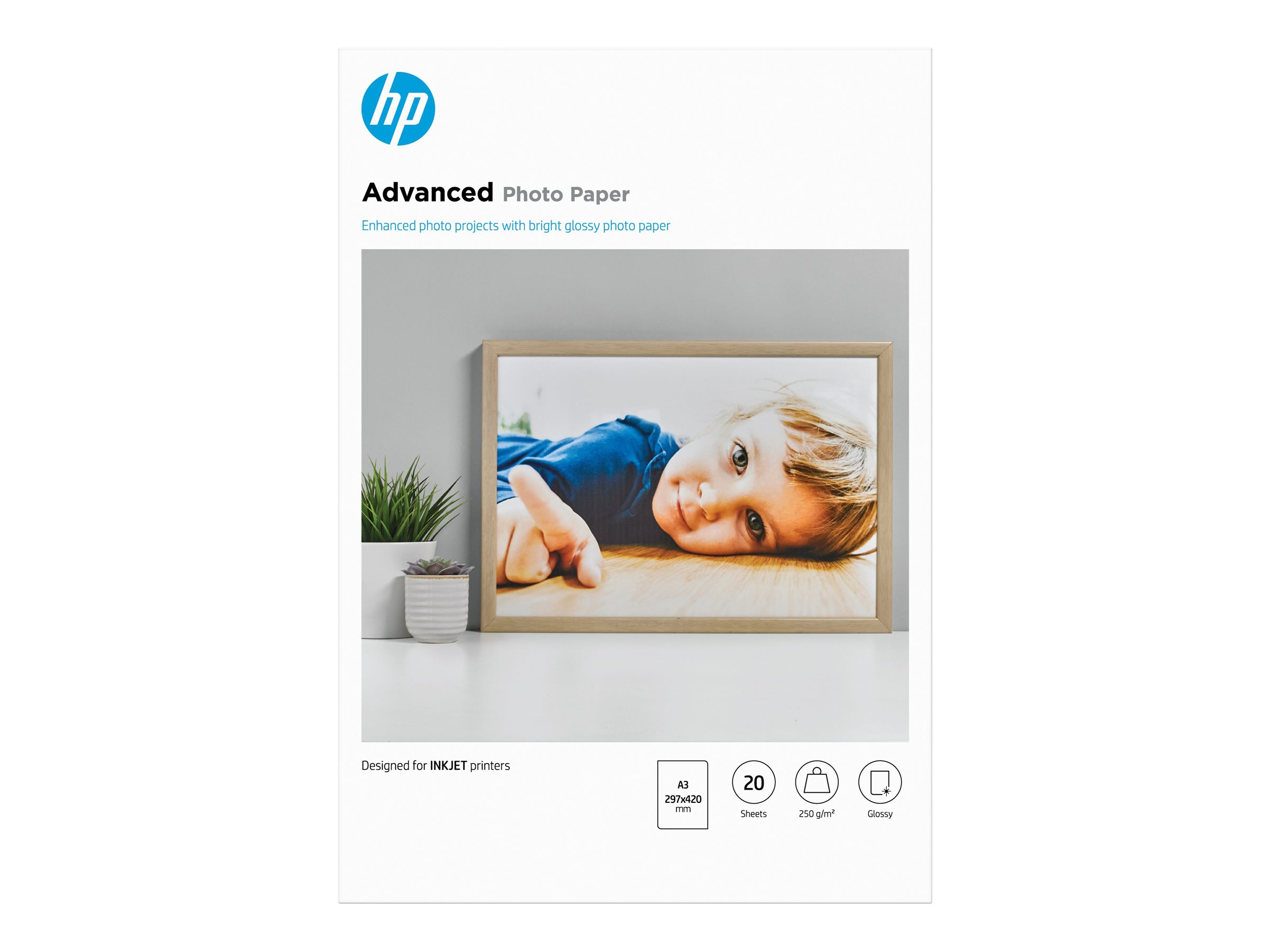 HP Advanced Photo Paper - Glänzend - A3 (297 x 420 mm)250 g/m² - 20 Blatt Fotopapier - für ENVY Inspire 7920; Officejet 7000 E809 - 7510 - 76XX; Officejet Pro 77XX