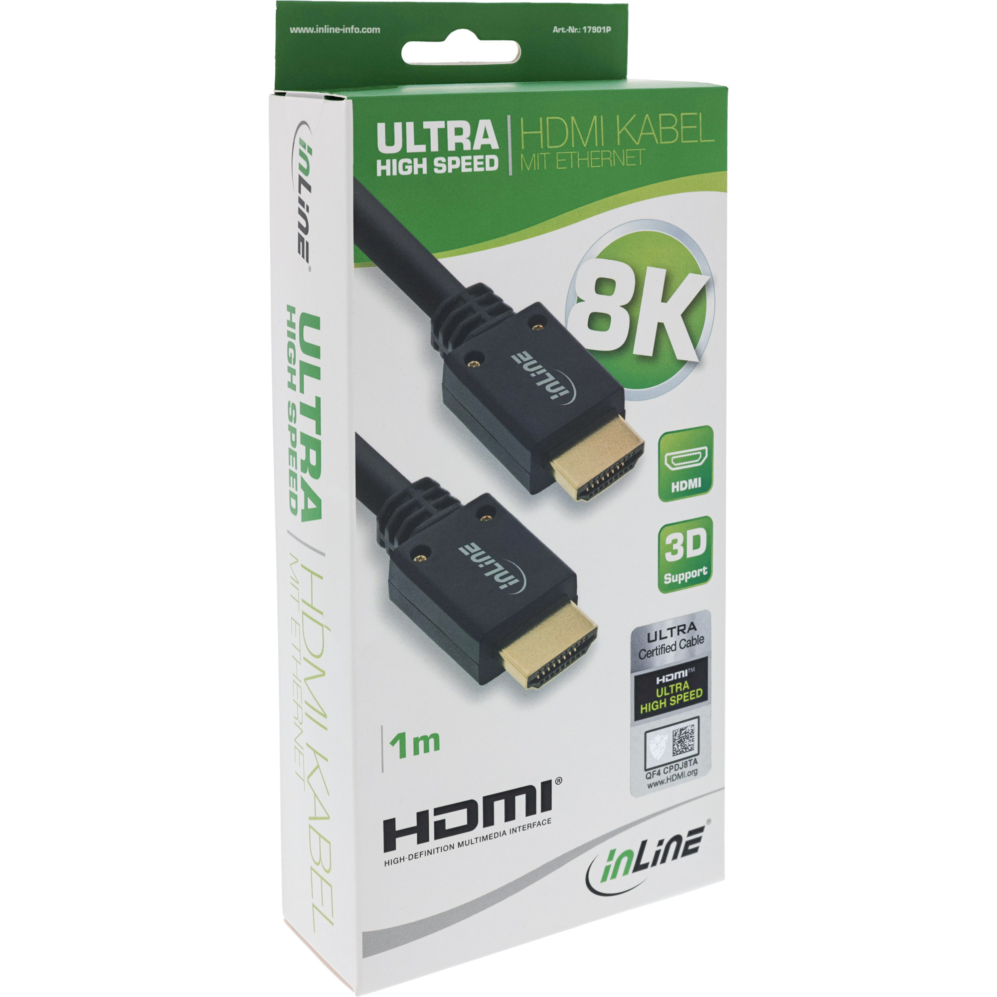 InLine HDMI Kabel - Ultra High Speed HDMI Kabel - 8K4K - Stecker / Stecker - 1mHDMI männlich zu HDMI männlich - 1 m - Dreifachisolierung - Schwarz - 8K Unterstützung