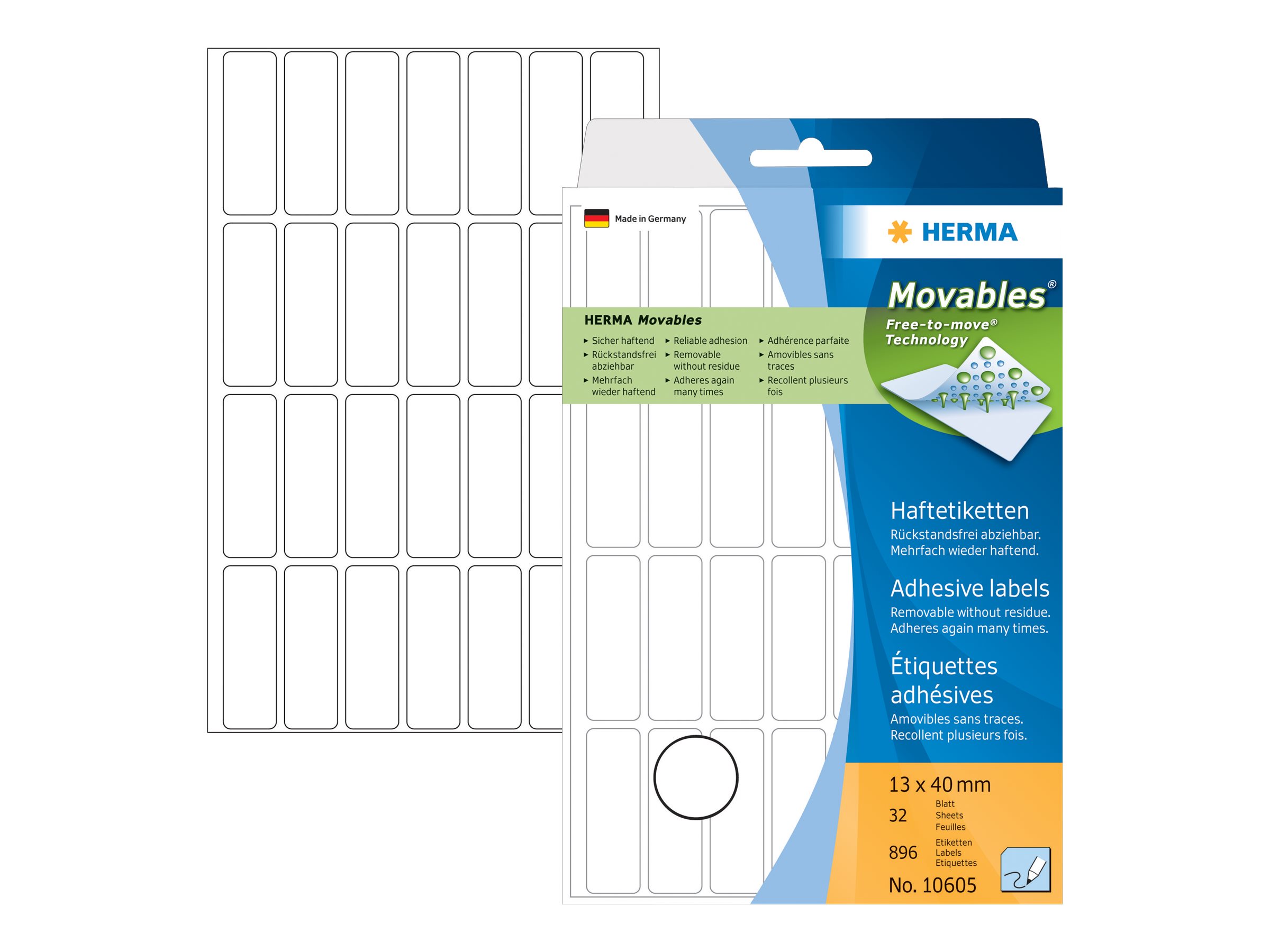HERMA Movables - Selbstklebeetikett - weiß (Packung mit 896)Ablösbare Vielzwecketiketten 13 x 40 mm - weiß - zur Handbeschriftung