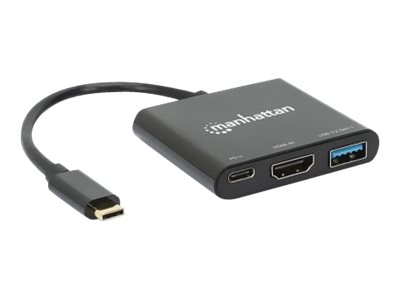 Manhattan USB-C Dock/Hub, Ports (x3): HDMI, USB-A and USB-C, With Power Delivery (100W)to USB-C Port (Note additional USB-C wall charger and USB-C cable needed) - Cable 10cm - Black -  - Retail Box -
