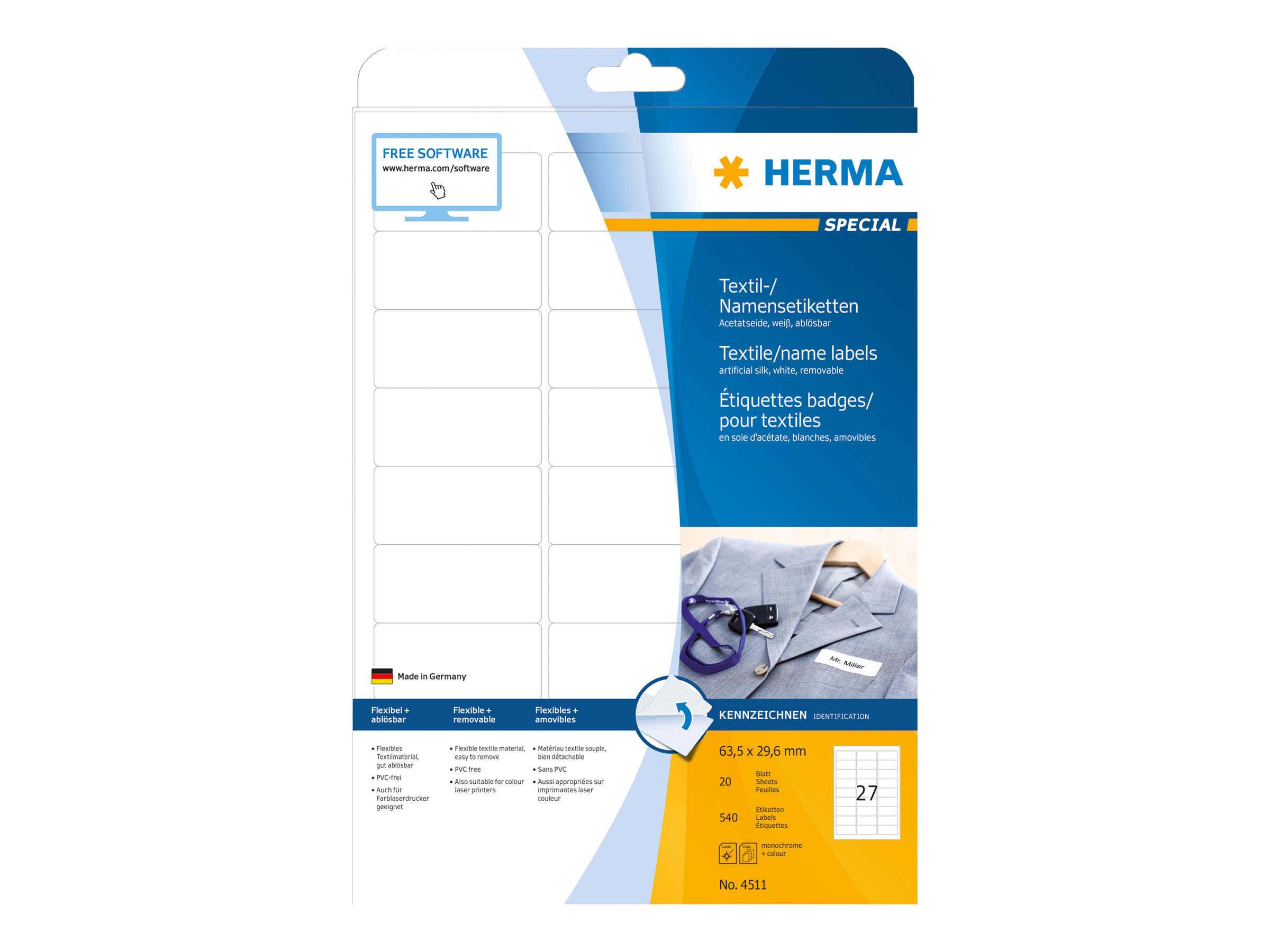 HERMA Special Name labels - Acetatseide - selbstklebend, entfernbarer Klebstoffweiß - 63.5 x 29.6 mm 540 Etikett(en) (20 Bogen x 27 Etiketten