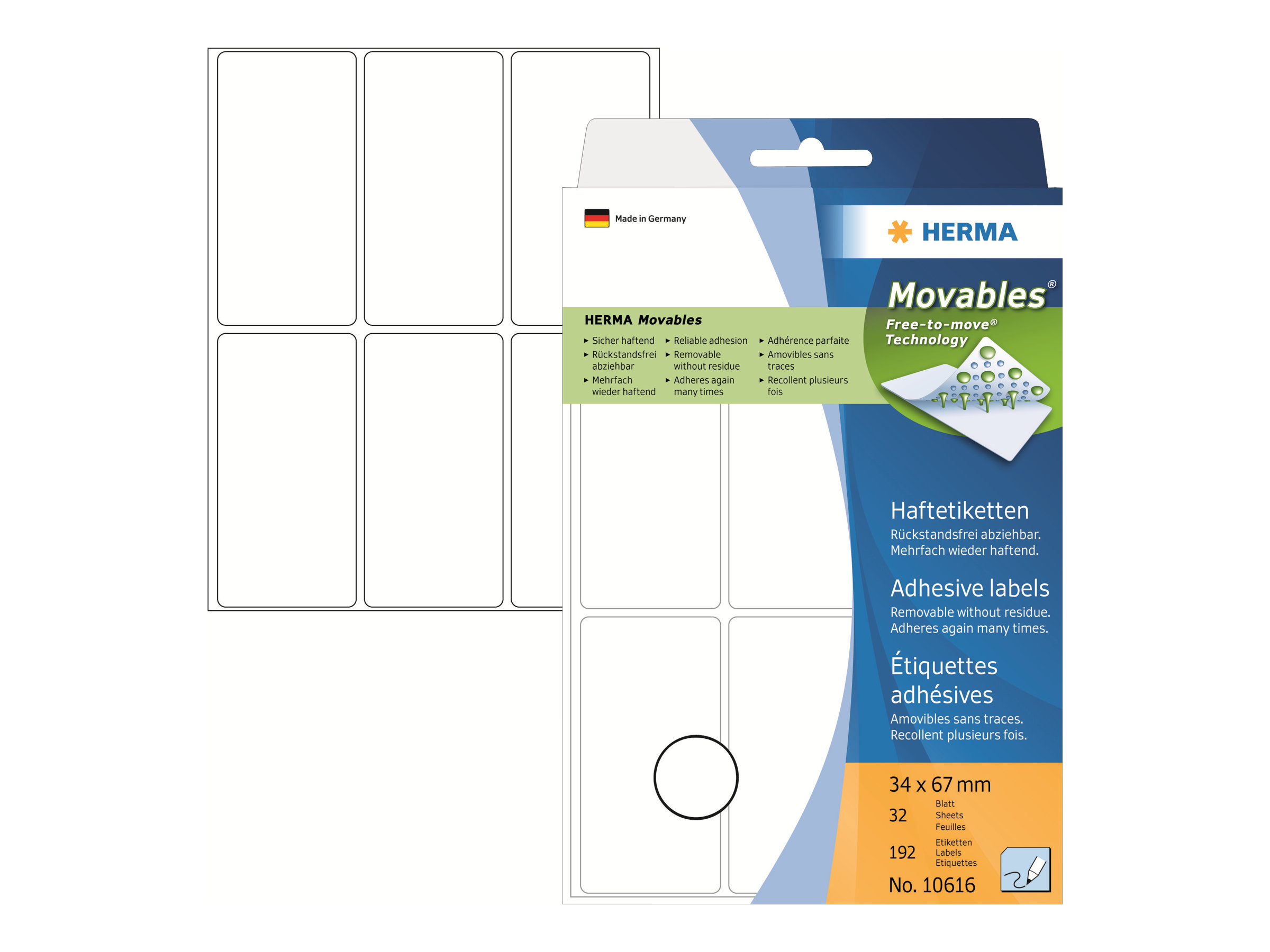 HERMA Movables - Selbstklebend - weiß - 34 x 67 mm 192 Stck. (32 Bogen x 6 EtikettenAblösbare Vielzwecketiketten 34 x 67 mm - weiß - zur Handbeschriftung