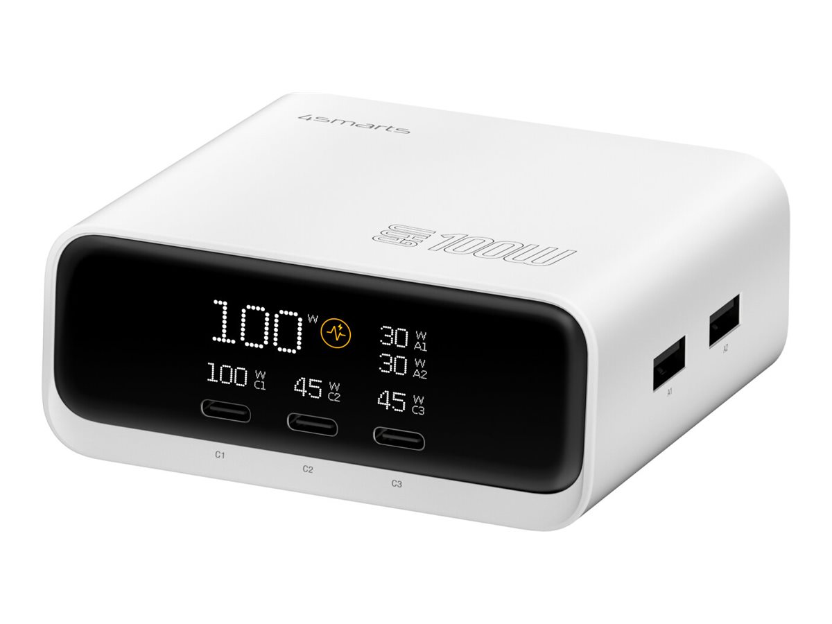 4smarts Ladestation - GaN - 100 Watt - 5 A - QC 5.0, HiSilicon Fast Charging, SCP, AFC, SFCP, Power Delivery 3.0 + PPS - 5 Ausgabeanschlussstellen (3 x USB-C, 2 x USB)