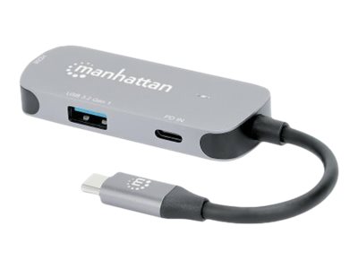 Manhattan USB-C Dock/Hub, Ports (x3):  HDMI, USB-A and USB-C, With Power Delivery (100W)to USB-C Port (Note add USB-C wall charger and USB-C cable needed) - All Ports can be used at the same time - Al