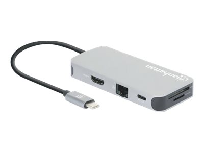 Manhattan USB-C Dock/Hub with Card Reader, Ports (x6):: Ethernet - HDMI - USB-A (x3) and USB-C - With Power Delivery (10W) to USB-C Port (Note additional USB-C wall charger and USB-C cable needed) - C