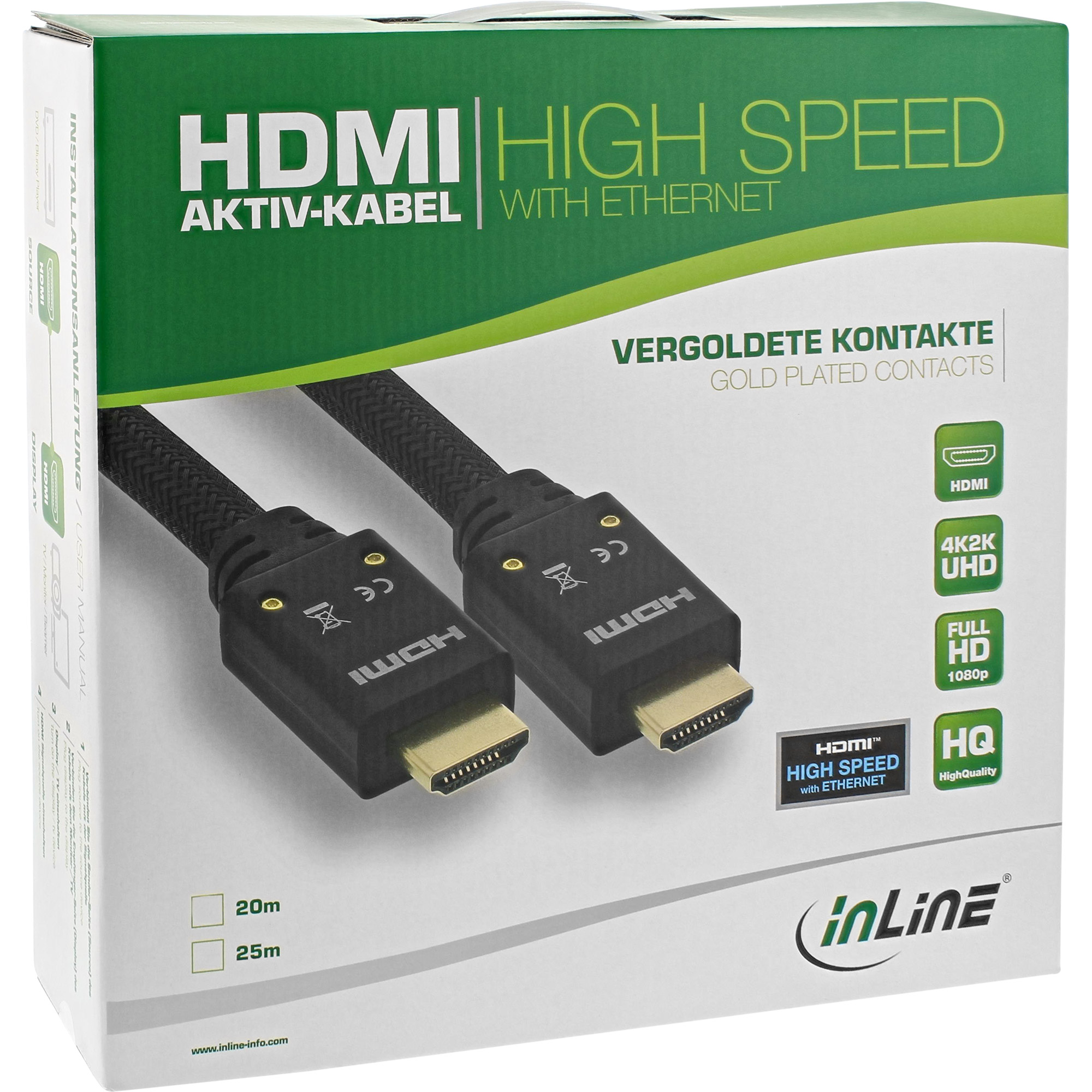 InLine HDMI Aktiv-Kabel - HDMI-High Speed mit Ethernet - 4K2K - ST/ST - 20mHDMI männlich zu HDMI männlich - 20 m - dreifach abgeschirmtes Twisted-Pair-Kabel - Schwarz - geformt - 4K Unterstützung - ak