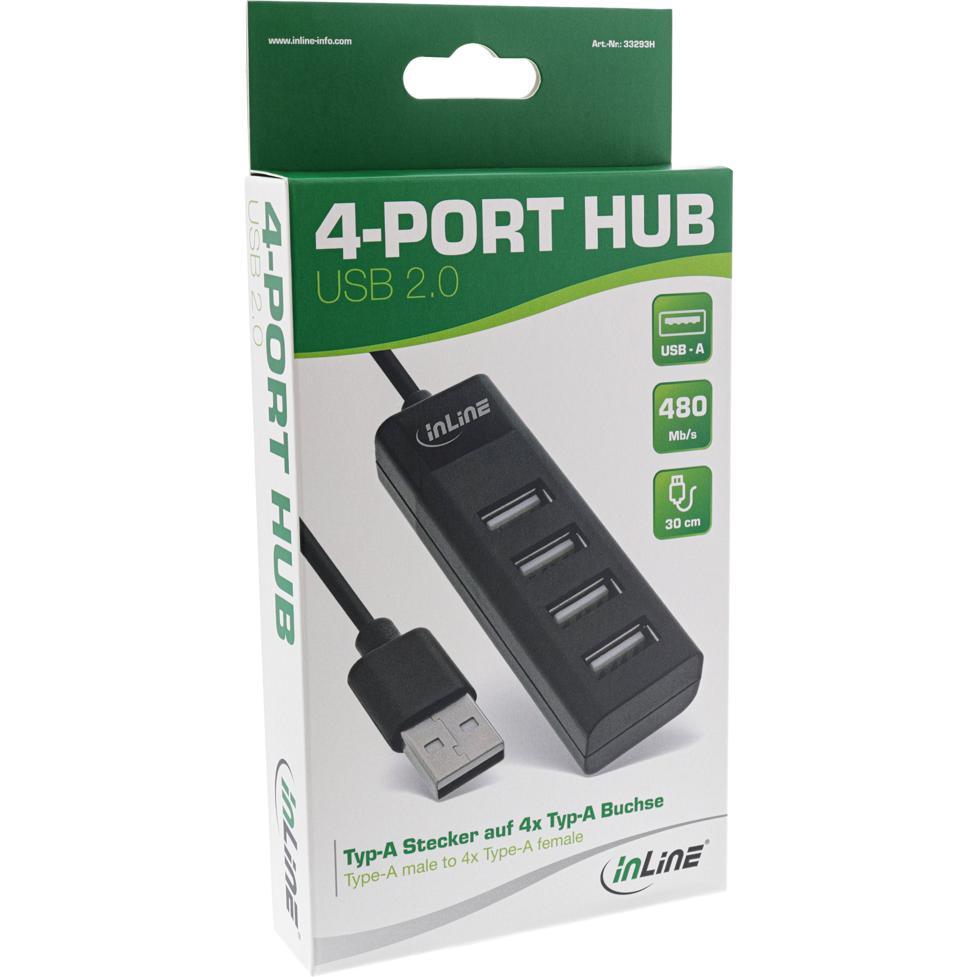 InLine USB 2.0 Hub - 4 Port - schwarz - mit USB DC Kabel - Kabel 30cm - schmalp