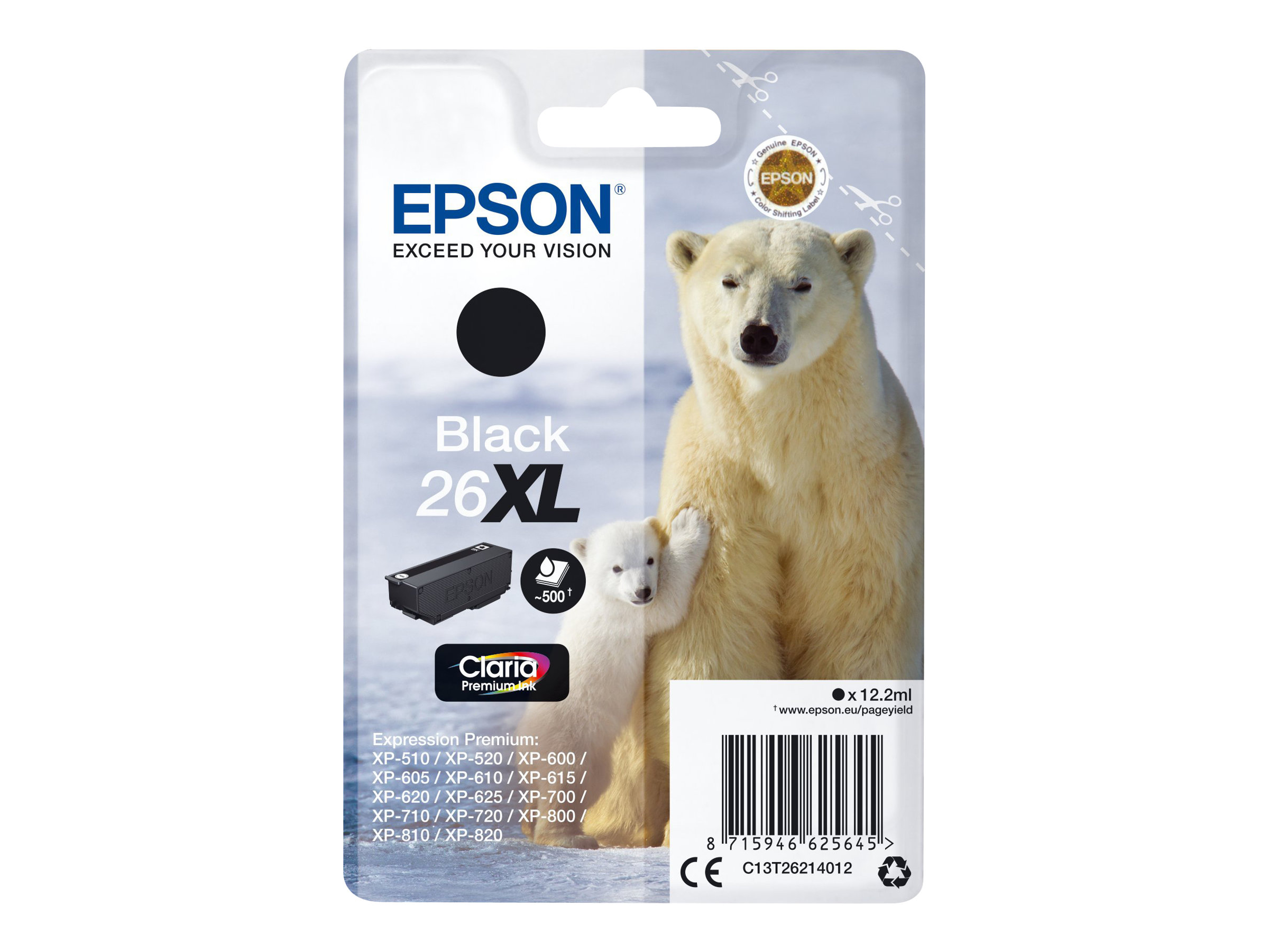 Epson 26XL - 12.2 ml - XL - Schwarz - originalBlisterverpackung - Tintenpatrone - für Expression Premium XP-510 - 520 - 600 - 605 - 610 - 615 - 620 - 625 - 700 - 710 - 720 - 800 - 810 - 820