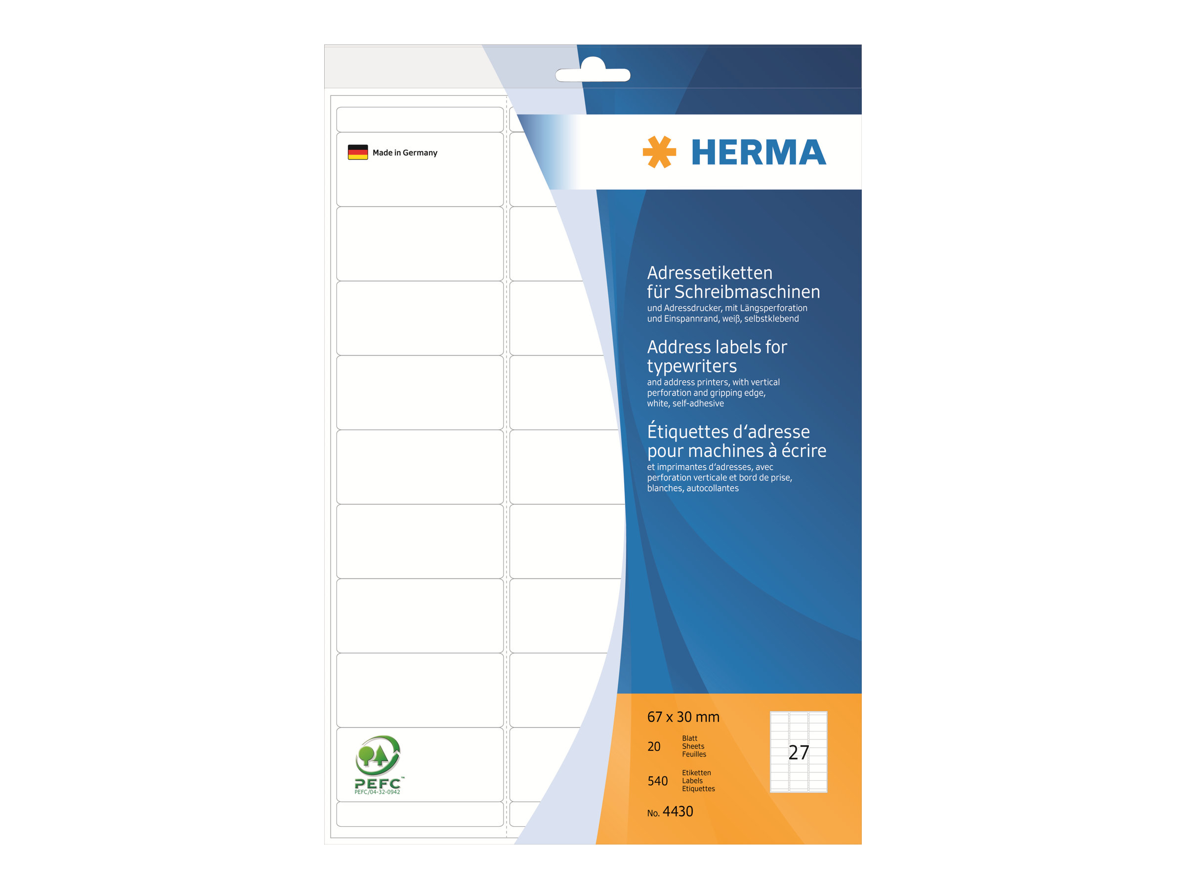 HERMA HAddress labels for typewriters - Weiß - 30 x 67 mm 540 Etikett(en) (20 Bogen x 27 Adressetiketten