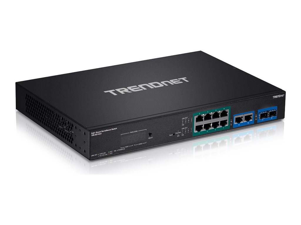 TRENDnet TPE 3012LS - Switch - Smart - 8 x 10/100/1000 (PoE+)+ 2 x Kombi-Gigabit-SFP - an Rack montierbar - PoE+ (110 W) - TAA-konform