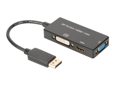 DIGITUS DisplayPort 3in1 Adapter / Konverter - DP - HDMI+DVI+VGAHDMI - DVI-D weiblich - 20 cm - Dreifachisolierung - Schwarz - geformt - 4K Unterstützung
