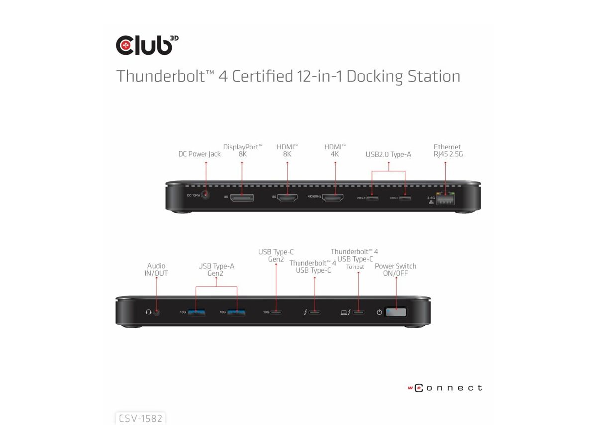 Club 3D Thunderbolt 4 zertifizierte 12-in-1-DockingstationLaptop - USB-C / USB4 / Thunderbolt 3 / Thunderbolt 4 - 2 x HDMI - DP - Thunderbolt 4 - 2.5GbE - 134 Watt