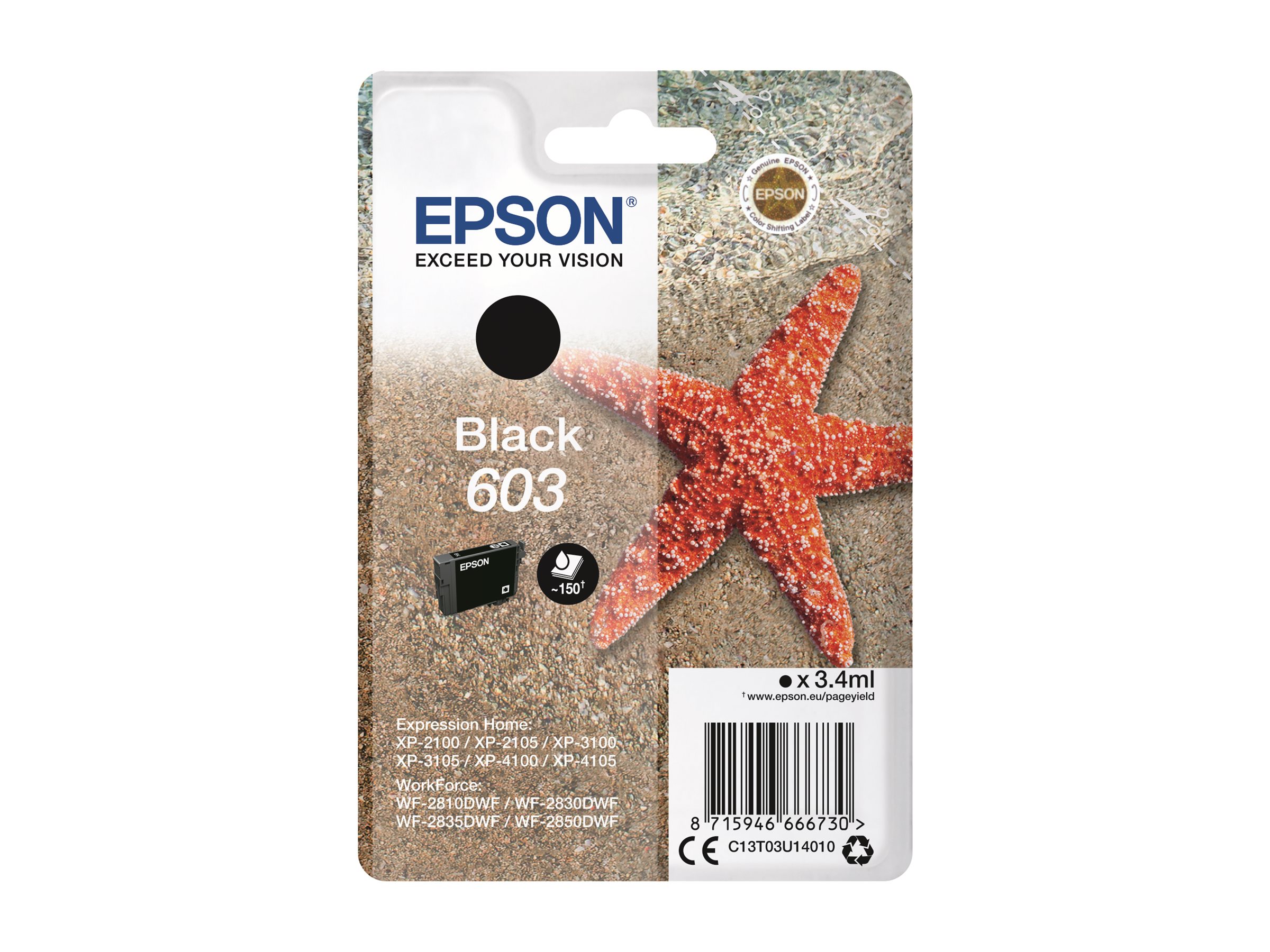 Epson 603 - 3.4 ml - Schwarz - original - Blistermit RF- / akustischem Alarmsignal - Tintenpatrone - für Expression Home XP-2150 - 2155 - 3150 - 3155 - 4150 - 4155; WorkForce WF-2820 - 2840 - 2845 - 2