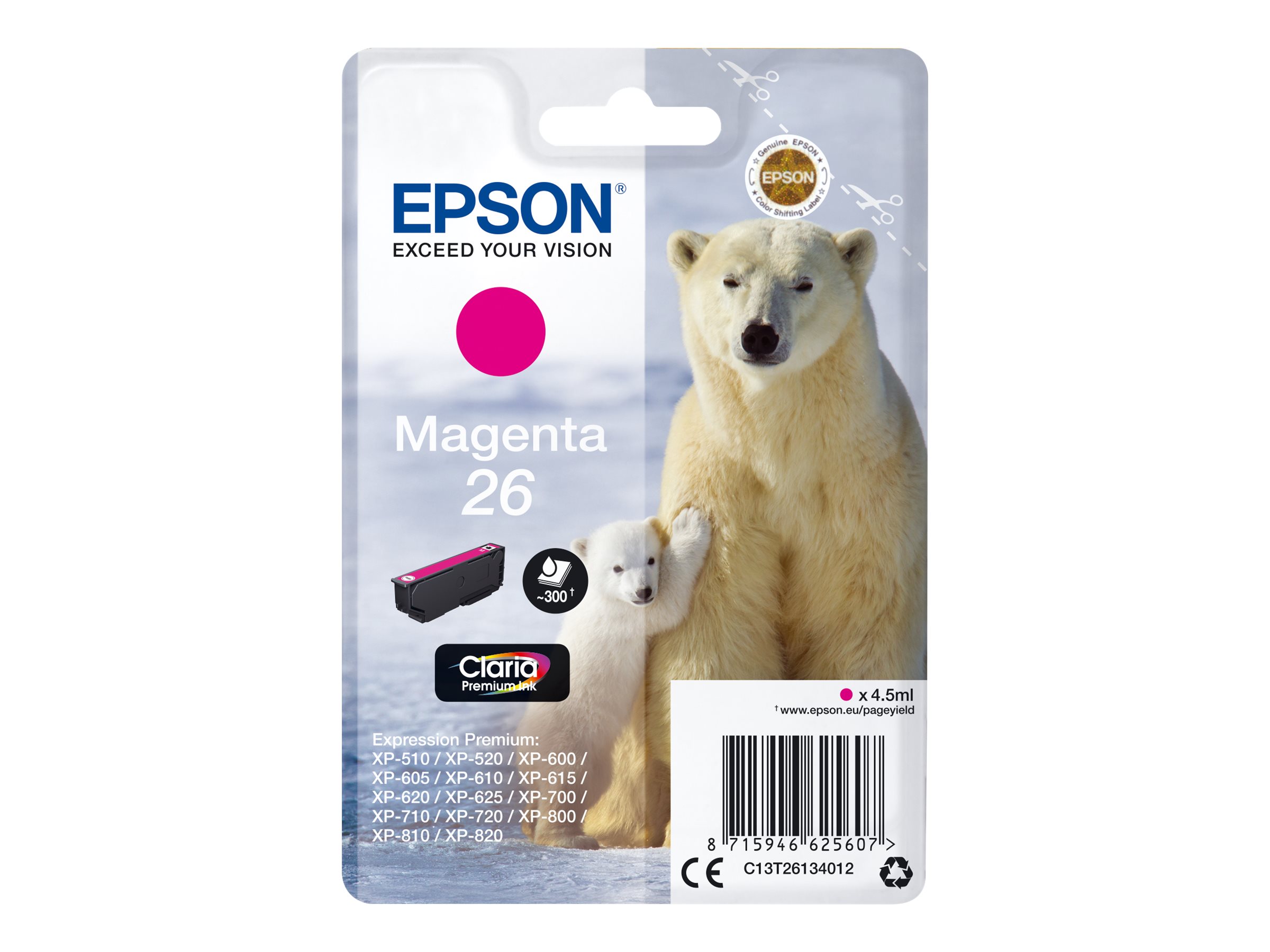 Epson 26 - 4.5 ml - Magenta - original - Tintenpatronefür Expression Premium XP-510 - 520 - 600 - 605 - 610 - 615 - 620 - 625 - 700 - 710 - 720 - 800 - 810 - 820