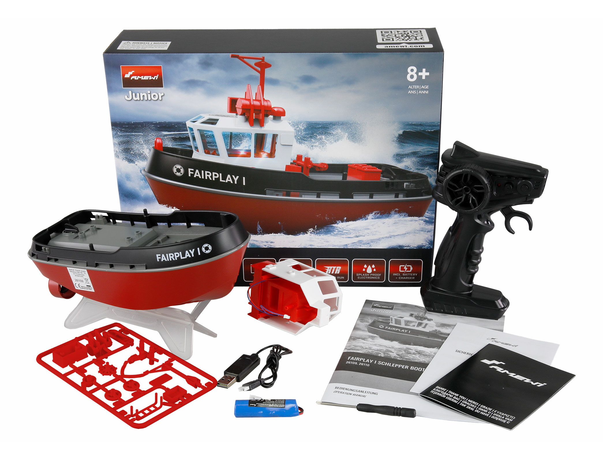 Amewi Fairplay I, Boot, 1:72, 8 Jahr(e), 600 mAh, 268 gFairplay I Schlepper Boot 1:72 RTR schwarz