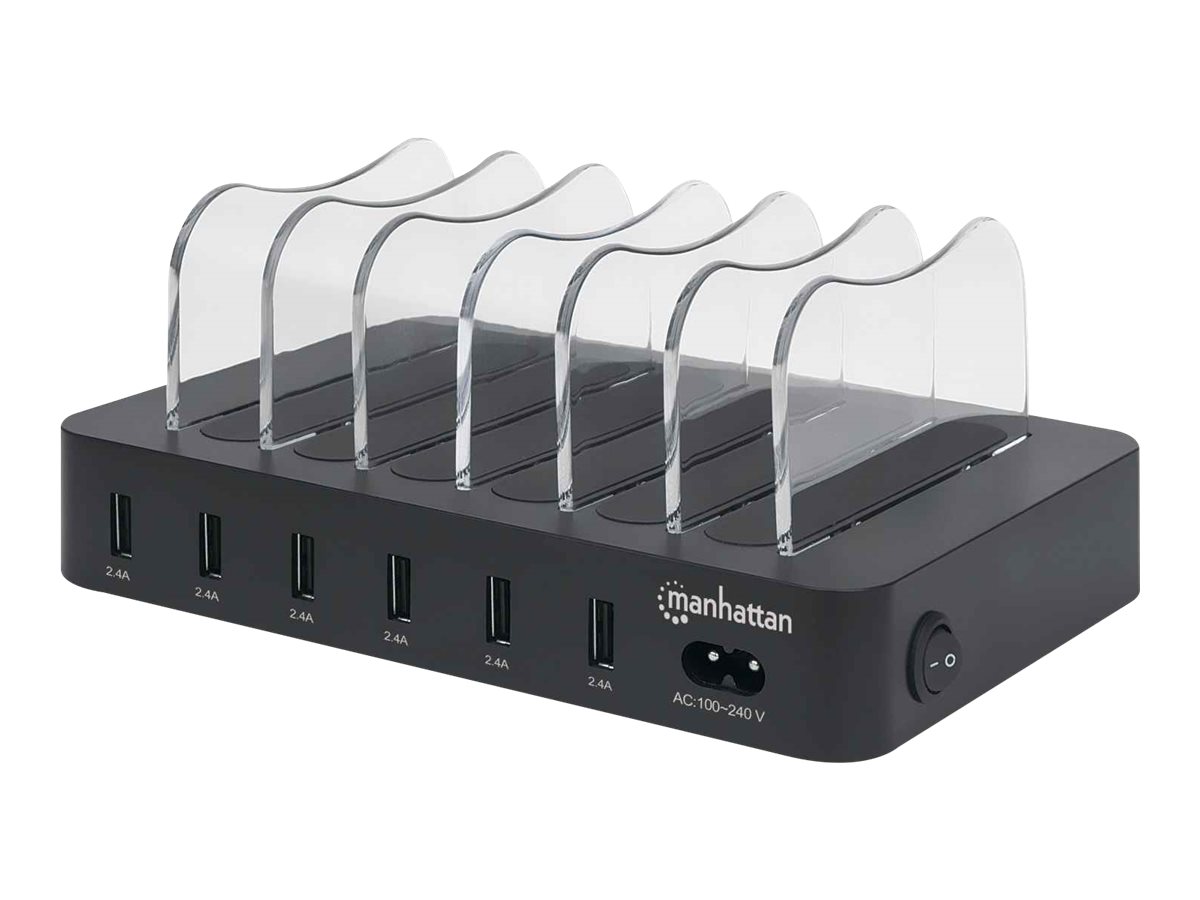 Manhattan Charging Station, 6x USB-A Ports, Outputs: 6x 2.4A, Smart IC, LED Indicator Lights, Black, , Box - Ladestation - 50 Watt - 2.4 A - 6 Ausgabeanschlussstellen (USB)6-Port USB-Ladestation - Sec