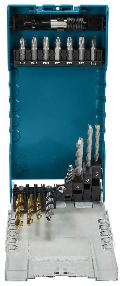 Makita D-74887, 17 Stück(e)17-teiliges Bohrer-/Bit-Set für Holz - Metall und Mauerwerk in praktischer AufbewahrungsboxDas Set besteht aus Bits in den Größen PH1 - PH2 - PH3 - PZ1 - PZ2 - PZ3 - SL5 sow