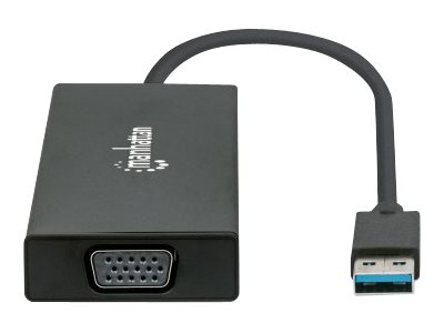Manhattan USB-A Dock/Hub, Ports (x5): Ethernet, HDMI, USB-A (x2)and VGA - Micro-USB Power Input Port (Optional - only when additional power needed. Not required for dual monitor functionality. Cable n