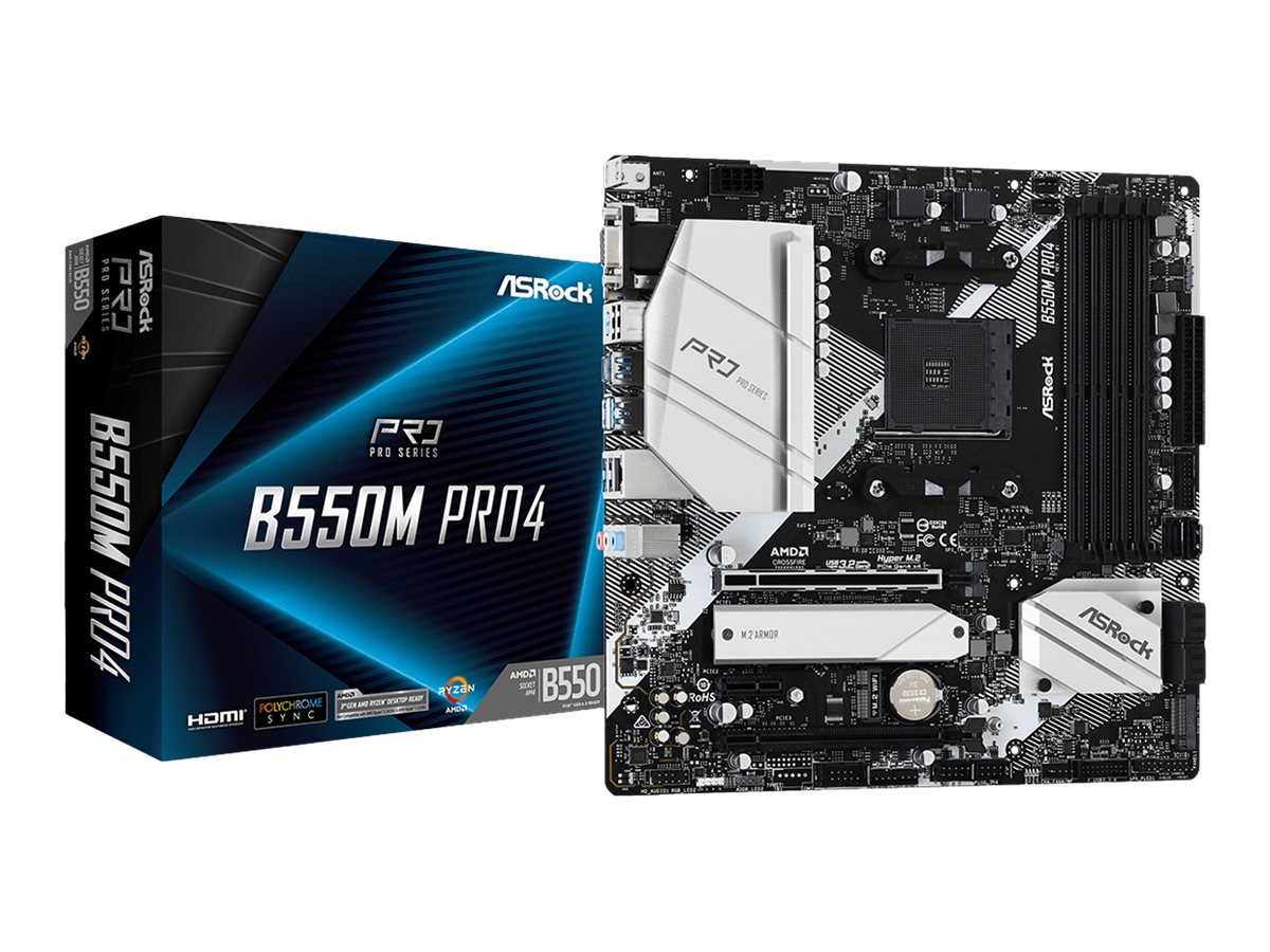 ASRock B550M Pro4 - Motherboard - micro ATX - Socket AM4 - AMD B550 Chipsatz - USB-C Gen2, USB 3.2 Gen 1, USB 3.2 Gen 2 - Gigabit LAN - Onboard-Grafik (CPU erforderlich)HD Audio (8-Kanal)