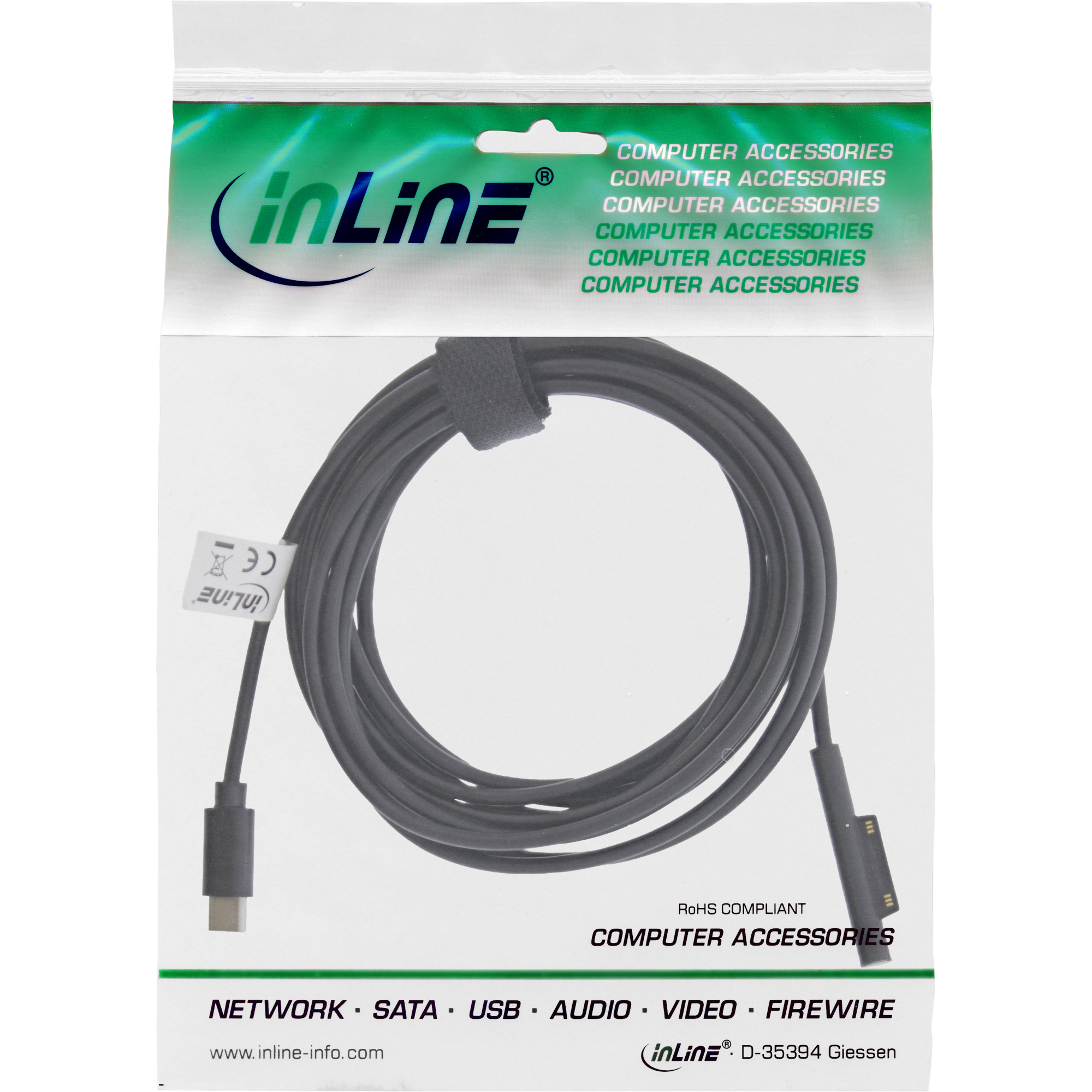 InLine USB-C zu Surface Ladekabel - 2mDC 15 V - 3 A - 2 m - Schwarz - für Microsoft Surface Pro (Mitte 2017) - Pro 3 - Pro 4 - Pro 6 - Pro 7