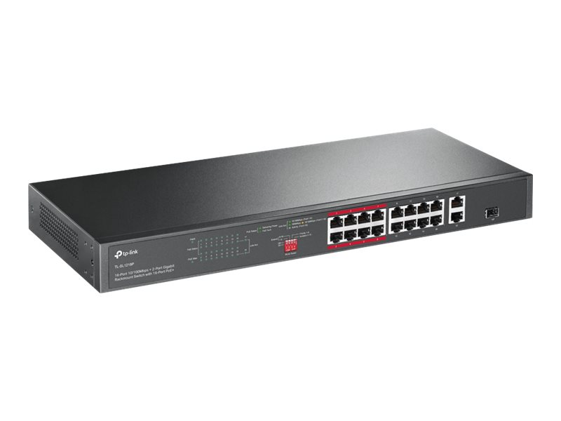 TP-LINK JetStream TL-SL1218P - V1 - Switch - unmanaged - 16 x 10/100 (PoE+)+ 2 x 10/100/1000 + 1 x Kombi-Gigabit-SFP - an Rack montierbar - PoE+ (150 W)