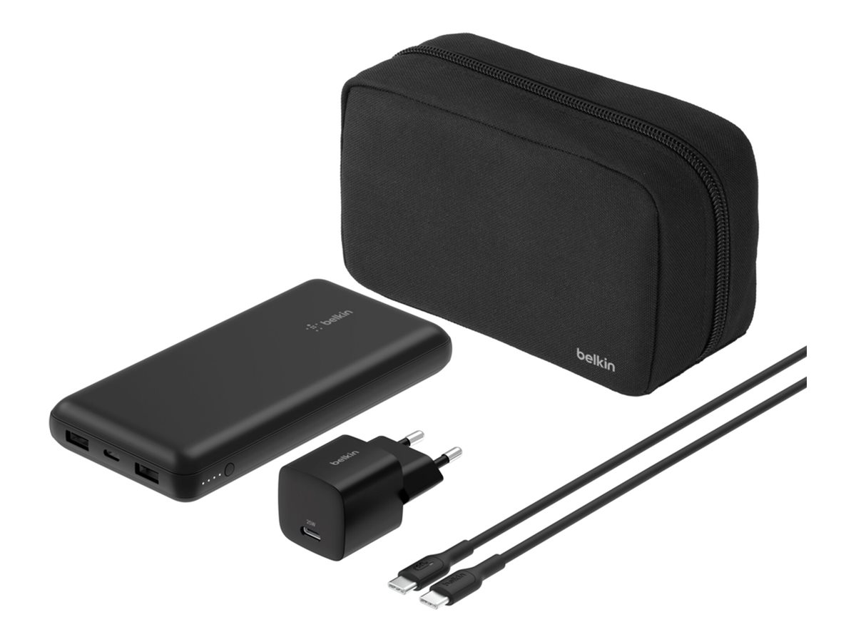 Belkin BoostCharge - Powerbank + AC-Netzteil - 20000 mAh - PD - 3 Ausgabeanschlussstellen (USB-C, 2 x USB)auf Kabel: USB-C - Europa - mit Reißverschlusstasche