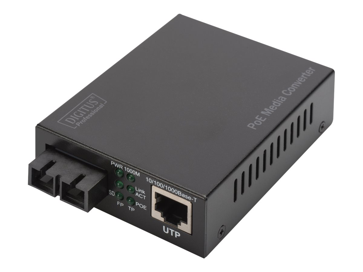 DIGITUS Gigabit PoE Medienkonverter, RJ45 / SC, SM, PSE1GbE - 1000Base-LX - 1000Base-T - 100Base-TX - 10Base-T - SC Single-Modus / RJ-45 - bis zu 20 km - 1310 nm