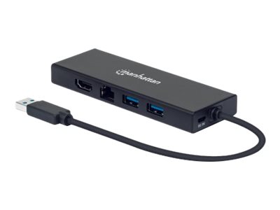 Manhattan USB-A Dock/Hub, Ports (x5): Ethernet, HDMI, USB-A (x2)and VGA - Micro-USB Power Input Port (Optional - only when additional power needed. Not required for dual monitor functionality. Cable n