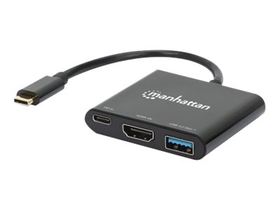 Manhattan USB-C Dock/Hub, Ports (x3): HDMI, USB-A and USB-C, With Power Delivery (100W)to USB-C Port (Note additional USB-C wall charger and USB-C cable needed) - Cable 10cm - Black -  - Retail Box -