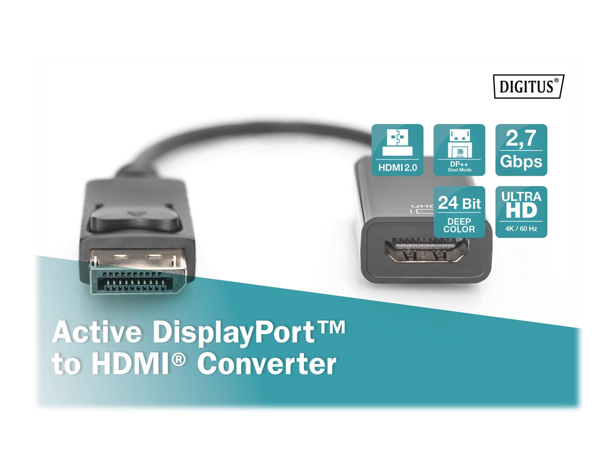 DIGITUS Aktiver DisplayPort Adapter / Konverter, DP auf HDMIDisplayPort Adapterkabel - Typ DP - HDMI A St/Bu,0.2m,m/Verrieg.,UHD 4K,HDMI 2.0 - act,gold,sw