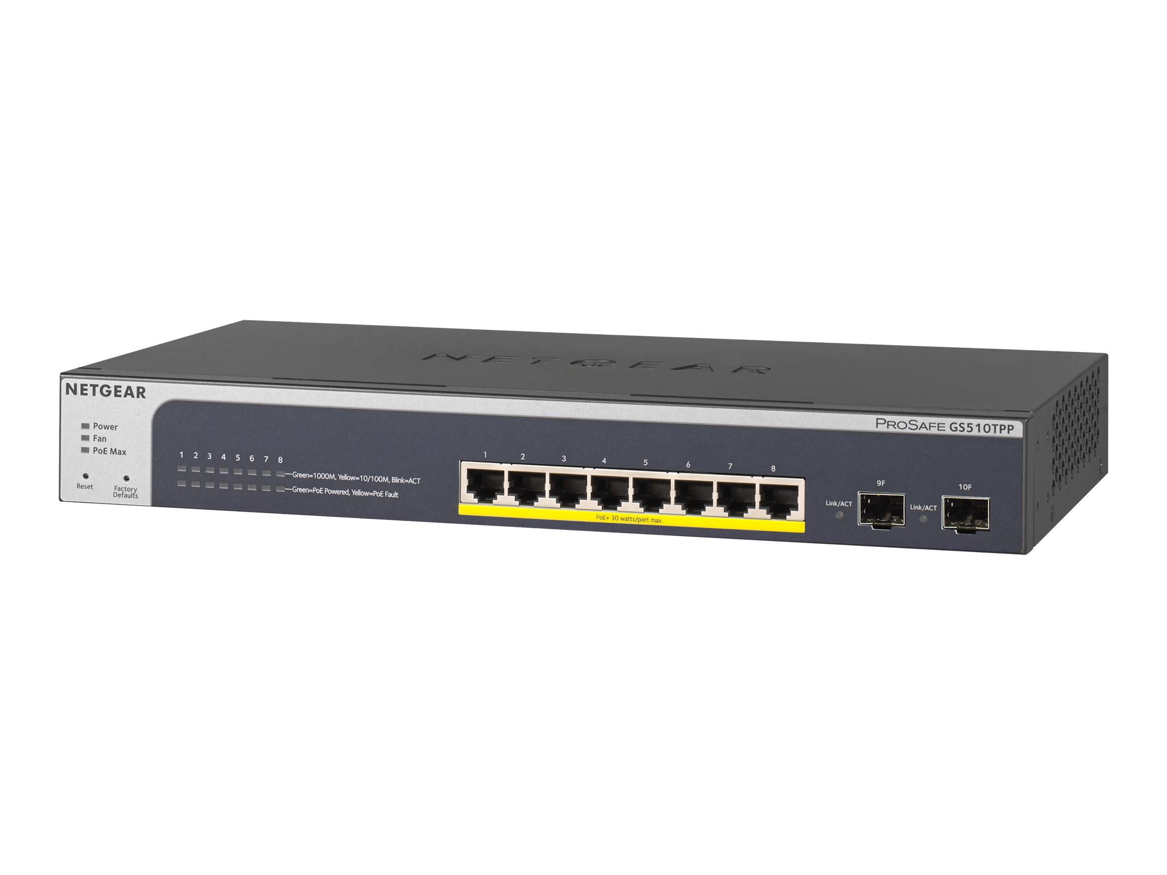 Netgear Smart GS510TPP - Switch - L3 Lite - Smart - 8 x 10/100/1000 (PoE+)+ 2 x SFP - Desktop - an Rack montierbar - PoE+ (190 W)