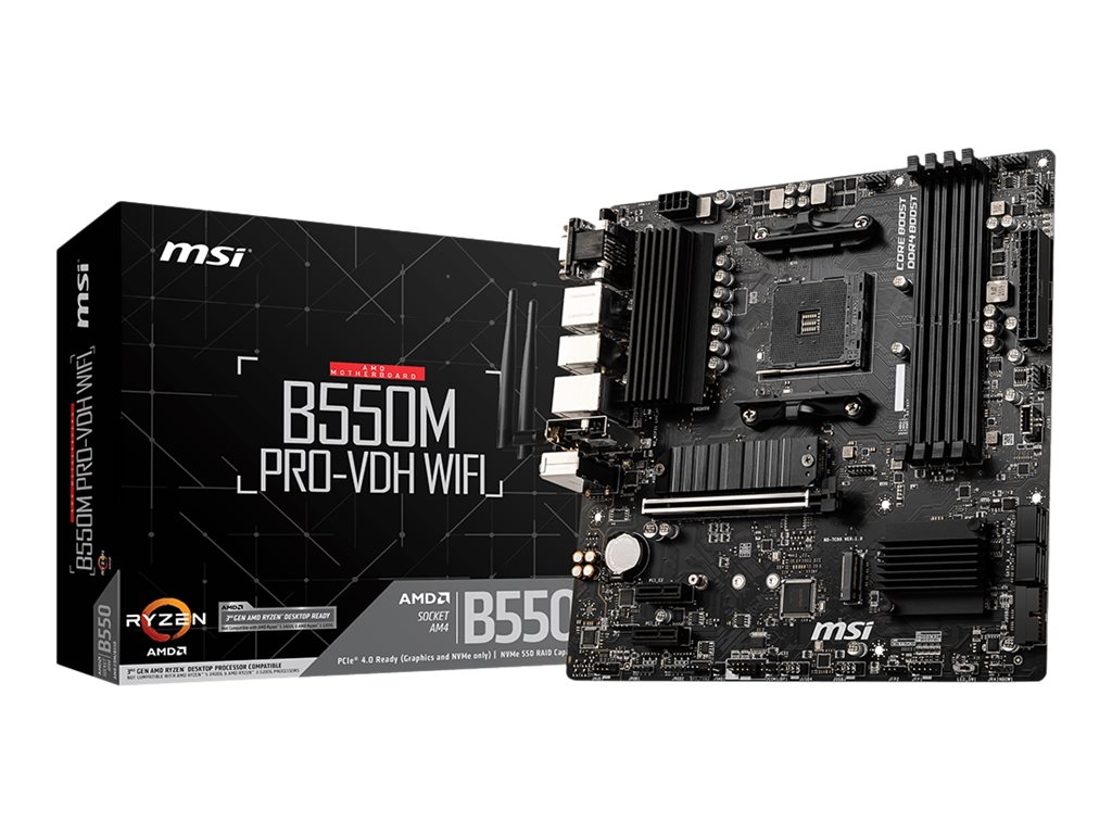 MSI B550M PRO-VDH WIFI, AMD, Sockel AM4, AMD Ryzen 3000 Series, Sockel AM4, DDR4-SDRAM, 128 GB AMD B550 - AM4 - 4x Dimm  - 1x PCI-E x16 - 2x PCI-E -  - HDMI - Display Port - RTL 8111HN LAN - SATA/ATA
