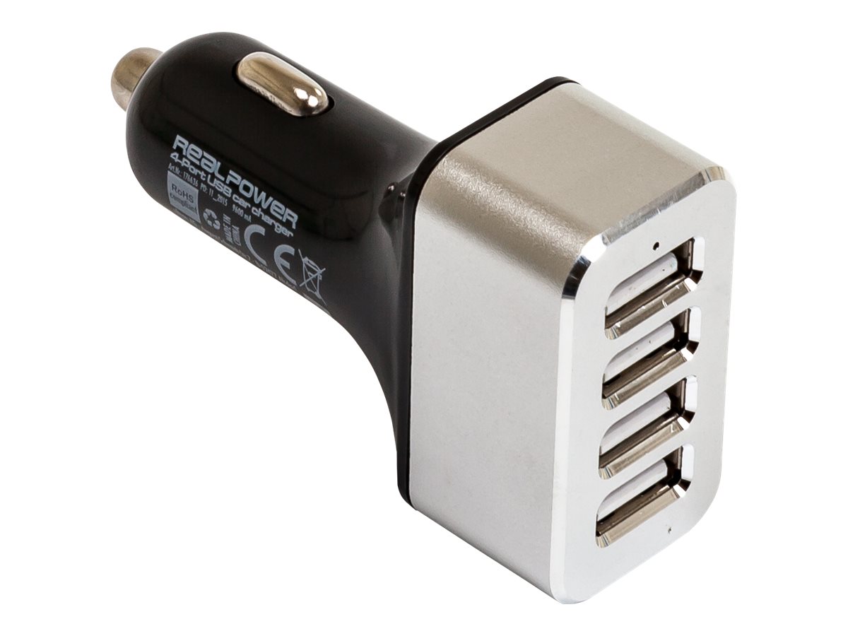 RealPower 4-Port USB car charger - Auto-Netzteil - 2400 mA - 4 Ausgabeanschlussstellen (4 x USB)12-24 V - 4xUSB - LED - 2400 mA