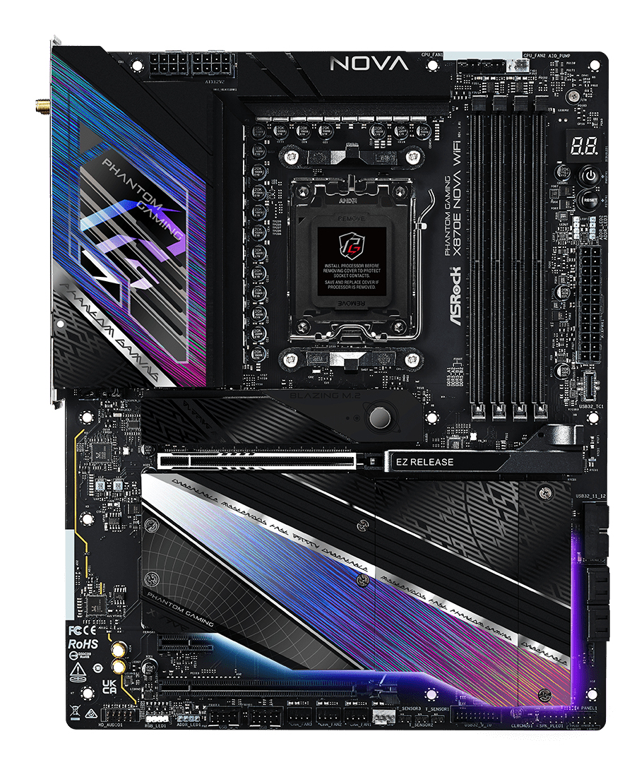ASRock Phantom Gaming X870E NOVA WiFi - Motherboard - ATX - Socket AM5 - AMD X870E Chipsatz - USB4, USB 3.2 Gen 1, USB 3.2 Gen 2, USB-C 3.2 Gen 2x2 - 5 Gigabit Ethernet, Wi-Fi 7, Bluetooth - Onboard-G