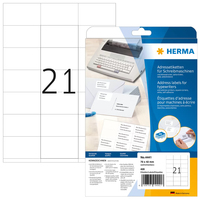 HERMA Adressetiketten für Schreibmaschinen A4 70x42 mm Papier matt Ecken spitz 420 St., Weiß, Papier, Matte, 7 cm, 4,2 cm, 20 BlätterAdressetiketten für Schreibmaschinen - A4 - 70 x 42 mm - weiß - per