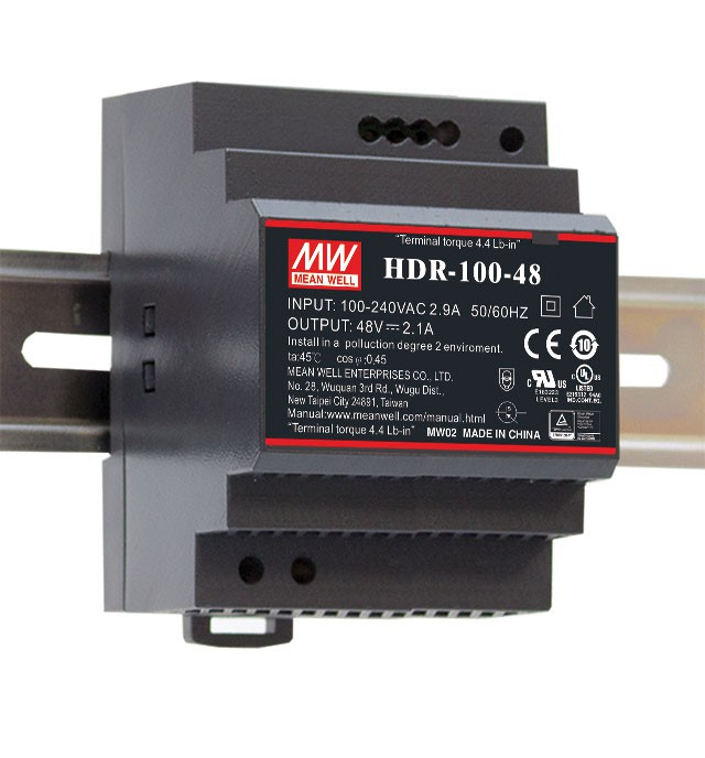 Meanwell MEAN WELL HDR-100-24, 92 W, 85 - 264 V, Überspannung, Überlastschutz, Kurzschluß, Edelstahl, -30 - 70 °C, UL60950-1, UL508, TUV EN61558-2-16, IEC60950-1 approved; Design refer to EN50178, TUV