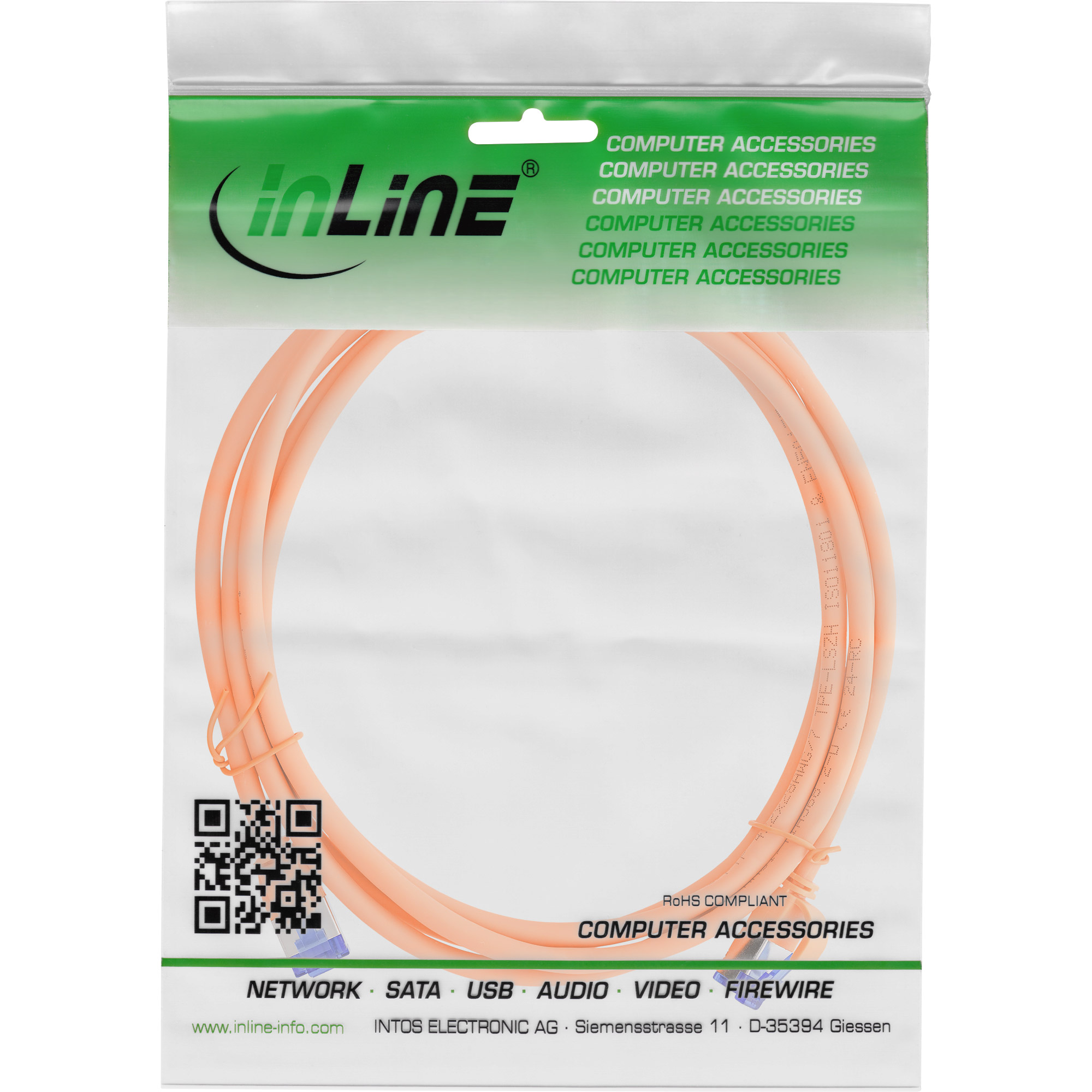 InLine Patchkabel Slim - Cat.6A - S/FTP - TPE (LSZH) flexibel - PoE - orange - 0,5m 50 cm - 4.1 mm - S/FTP - PiMF - CAT 6a - IEEE 802.3bt - halogenfrei - ohne Haken - schmal - flexibel - orange