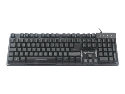 IC Intracom Manhattan Gaming USB Keyboard, Metal Base Edition, 12 Function Keys, Rainbow-LED Backlighting, 19 Anti-Ghost Key Caps, IPX4 (Splashproof)Rating - USB-A - Black - Retail Box (German layout)