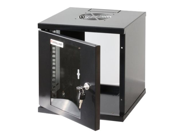 Intellinet Network Cabinet, Wall Mount (Standard), 6U, Usable Depth 265mm/Width 239mm, Black, Assembled, Max 60kg, Metal & Glass Door, Back Panel, Removeable Sides,Suitable also for use on desk or flo