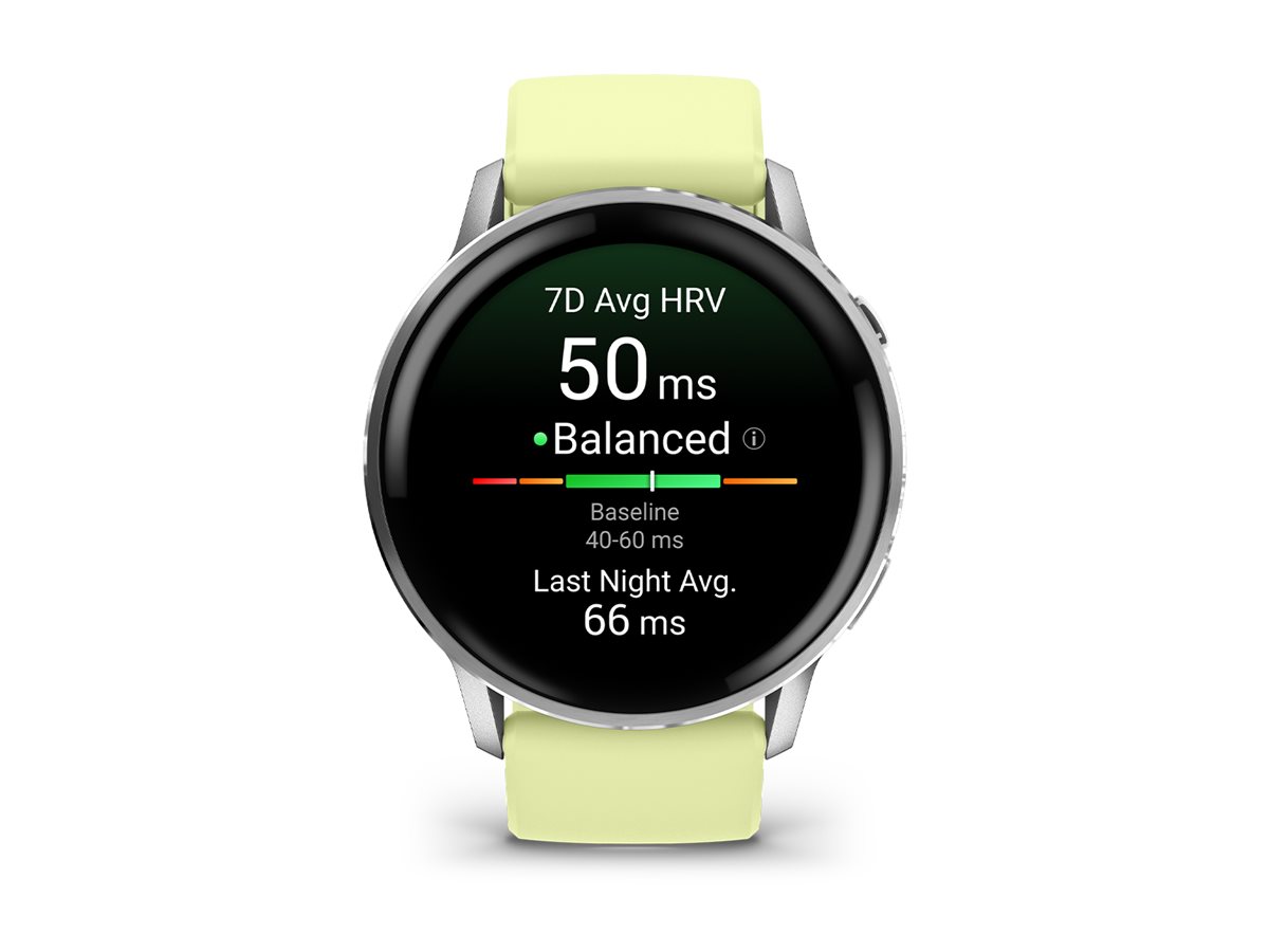 Garmin Venu 4 - 45 mm - silber - intelligente Uhr mit Band - Silikon - Zitronen - Handgelenkgröße: 135-200 mm - Anzeige 3.53 cm (1.4")8 GB - Bluetooth - ANT+ - Wi-Fi - 38 g