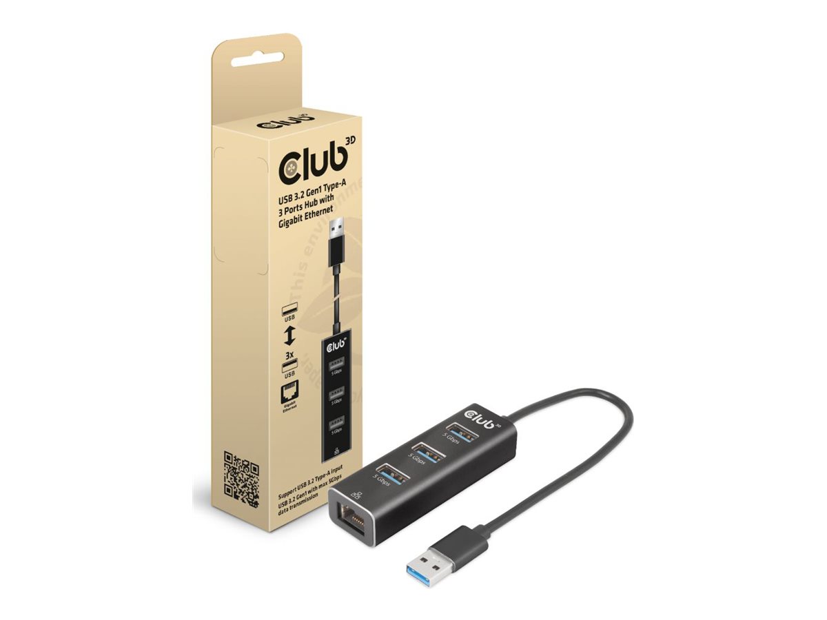 Club 3D USB 3.2 Gen1 Typ-A, 3 Ports Hub mit Gigabit Ethernet