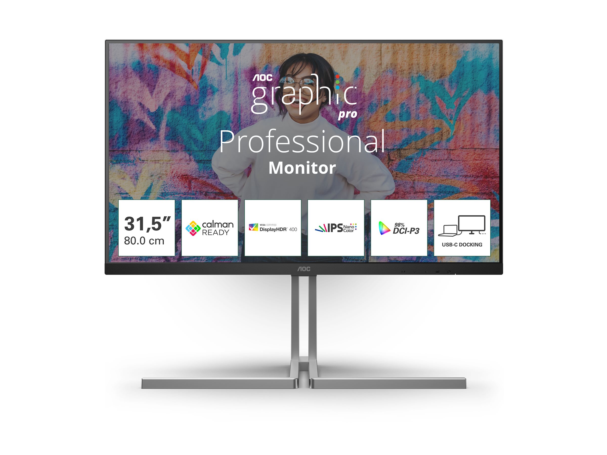 AOC U32U3CV - Graphic Pro Series - LED-Monitor - 81.3 cm (32")(31.5" sichtbar) - 3840 x 2160 4K @ 60 Hz - Nano IPS - 400 cd/m² - 1000:1 - DisplayHDR 400 - 4 ms - 2xHDMI - DisplayPort - 2xUSB-C - Lauts