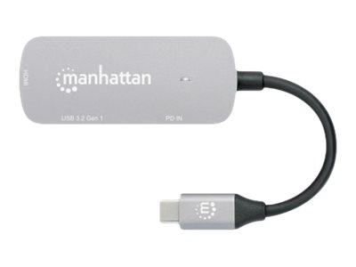 Manhattan USB-C Dock/Hub, Ports (x3):  HDMI, USB-A and USB-C, With Power Delivery (100W)to USB-C Port (Note add USB-C wall charger and USB-C cable needed) - All Ports can be used at the same time - Al