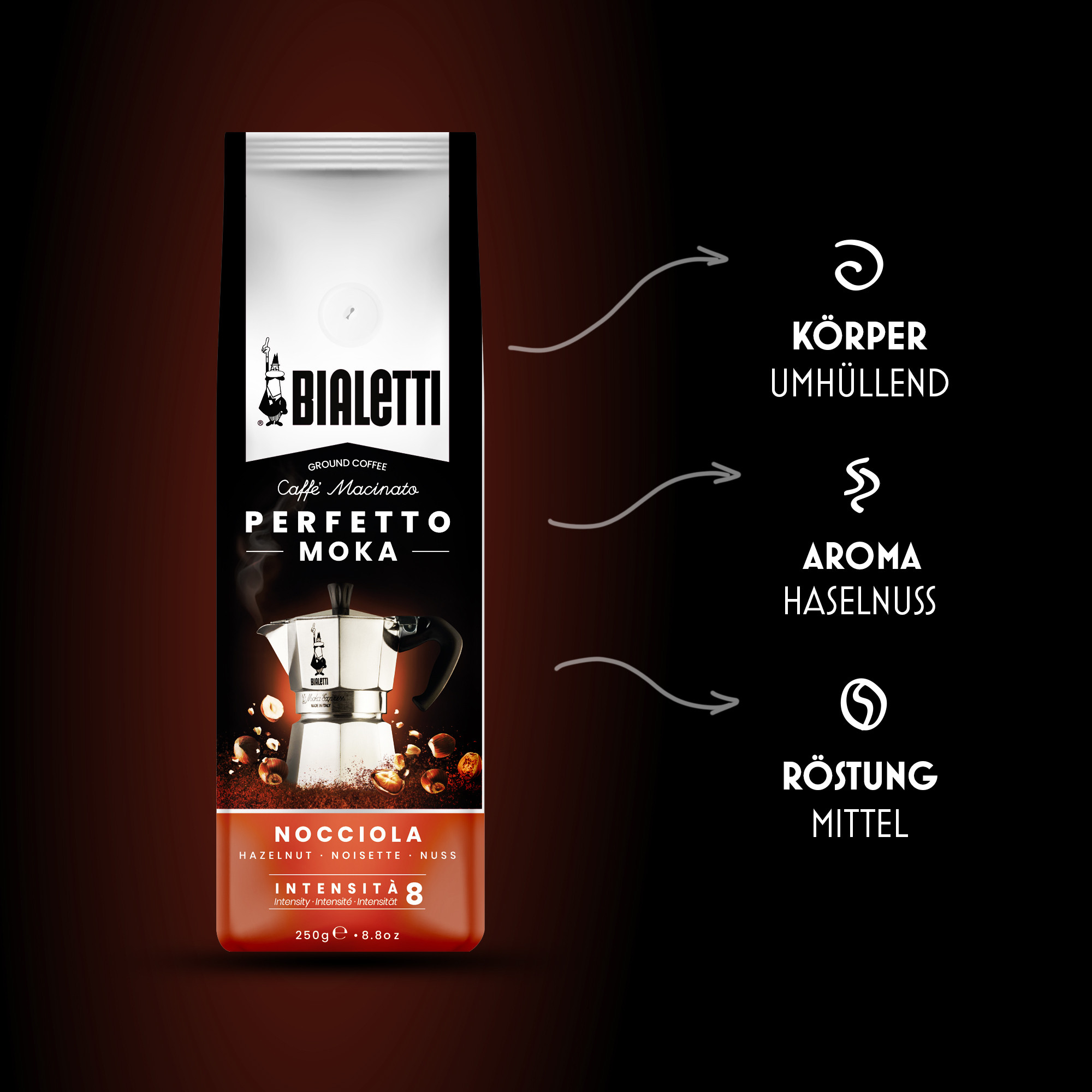 Bialetti Perfetto Moka Nuss 250 g, 250 g, Medium geröstet, Kaffee, TaschePerfetto Moka Nuss 250 g