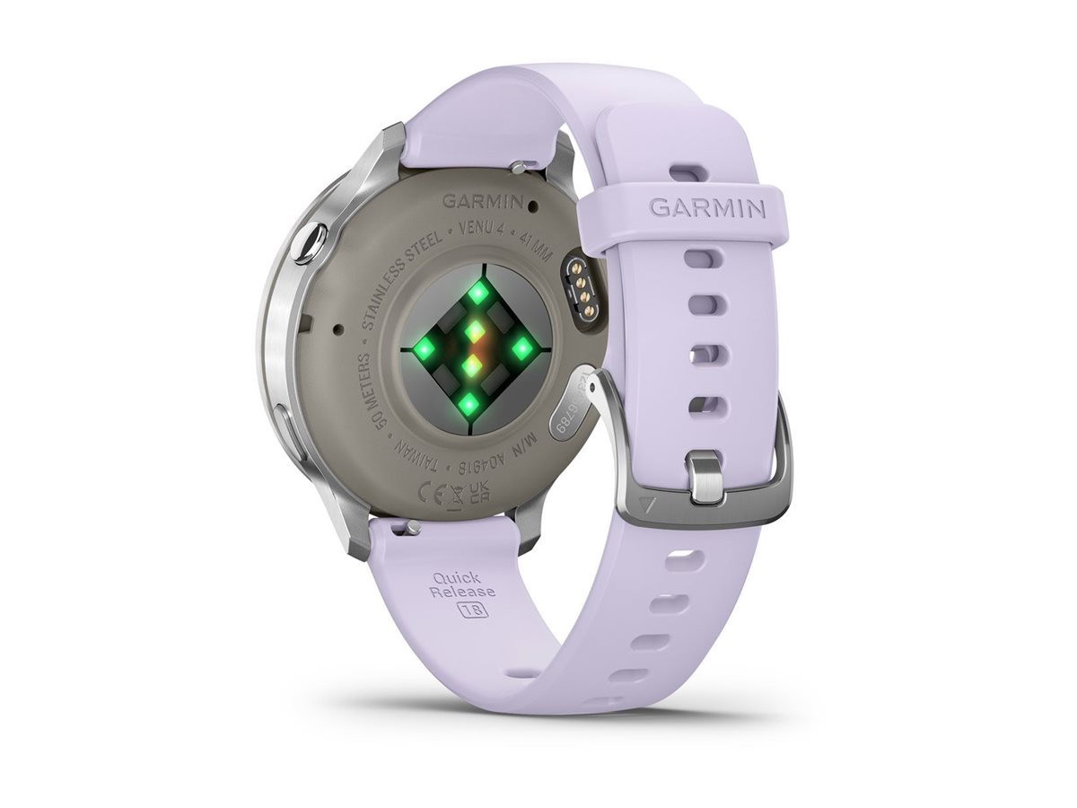 Garmin Venu 4 - 41 mm - silber - intelligente Uhr mit Band - Silikon - Periwinkle - Handgelenkgröße: 110-175 mm - Anzeige 3.04 cm (1.2")8 GB - Bluetooth - ANT+ - Wi-Fi - 33 g