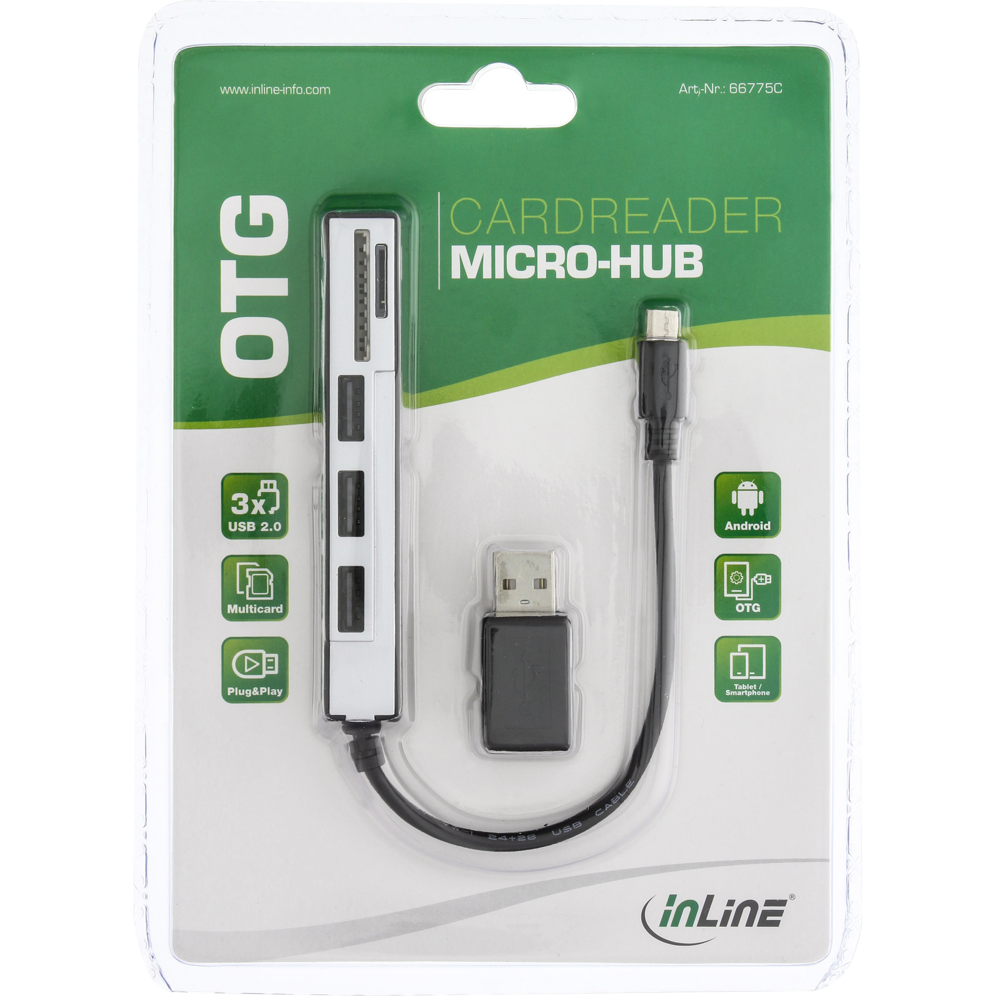 InLine USB OTG Cardreader & 3-fach USB 2.0 Hub - für SDXC/microSD - mit Adaptermicro USB 2.0