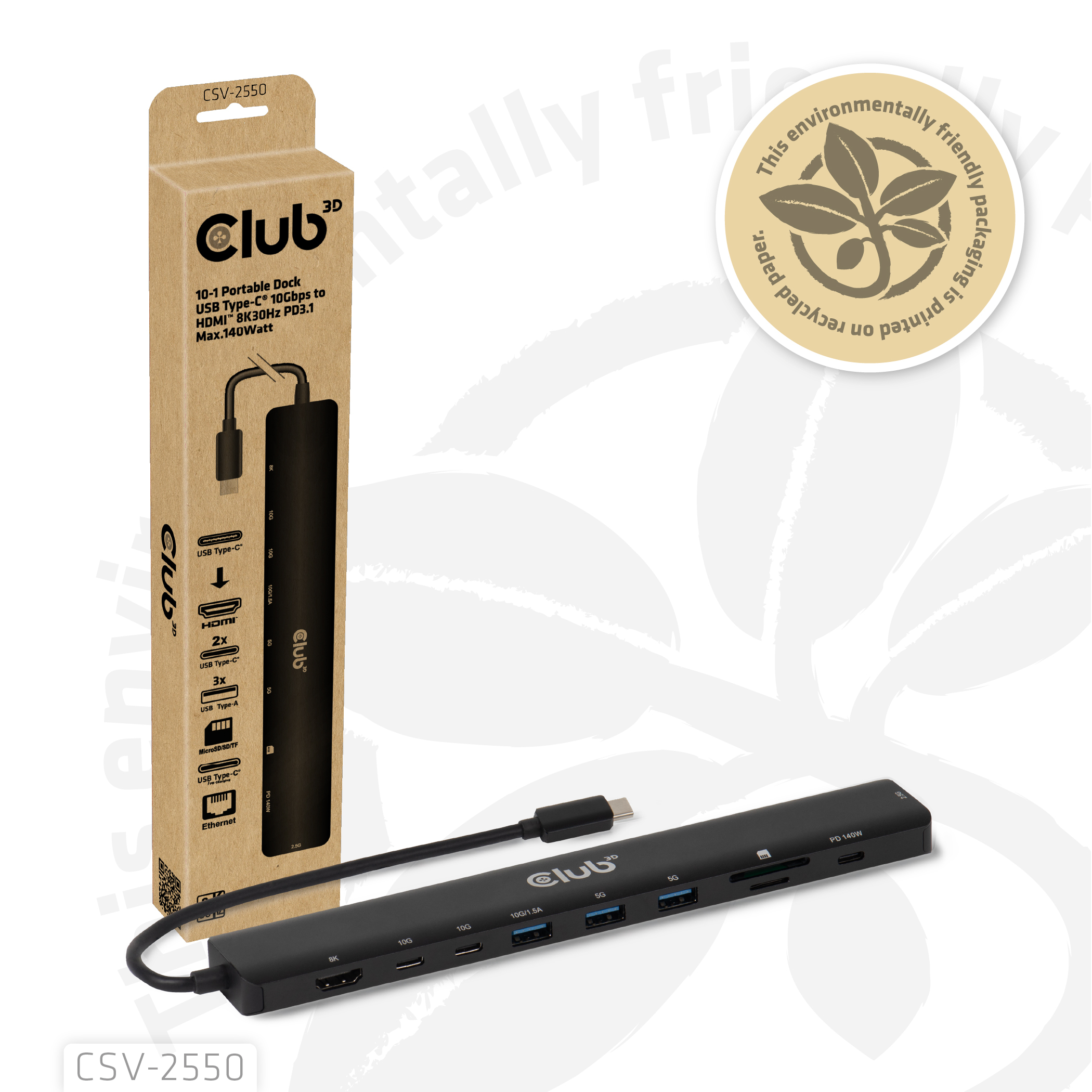 Club 3D 10-1 Hub USB Typ-C® auf HDMI 8K30Hz PD3.1 Max.140WLaptop - USB-C / Thunderbolt - HDMI - 2.5GbE