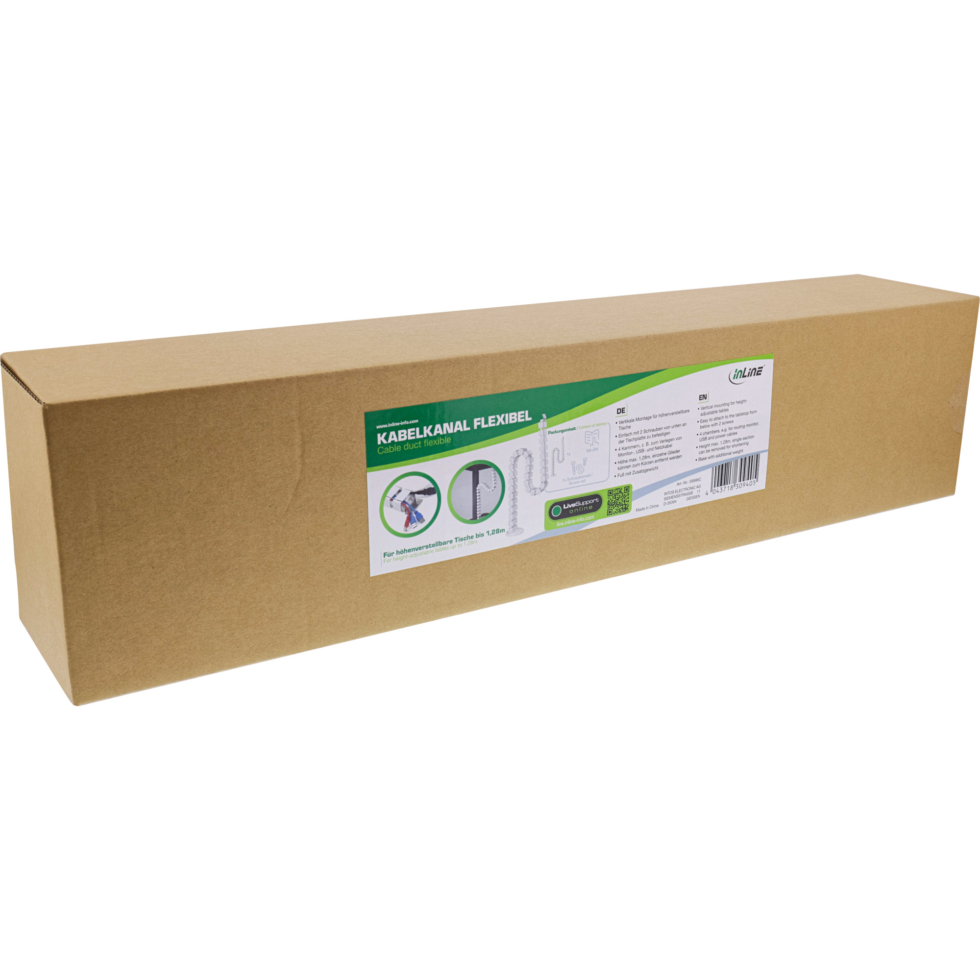 InLine Kabelkanal flexibel für höhenverstellbare Tische - 4 Kammern - weißKammern - 68 x 36 mm max. - 1,28 m - unter Tisch montierbar - weiß