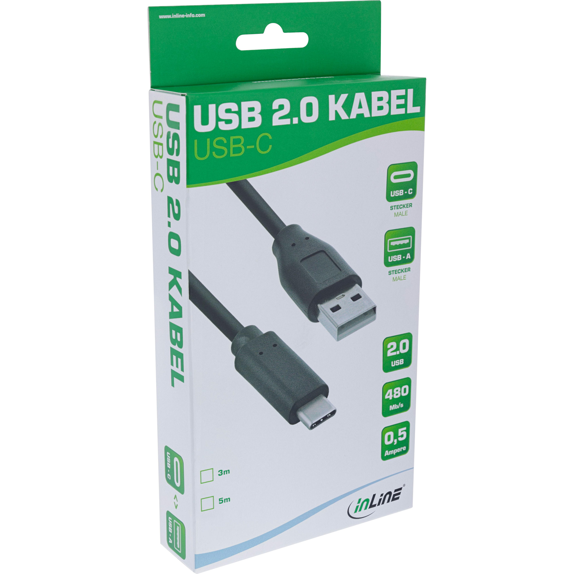 InLine USB 2.0 Kabel - USB-C Stecker an A Stecker - schwarz - 3mA - 3 m - Schwarz